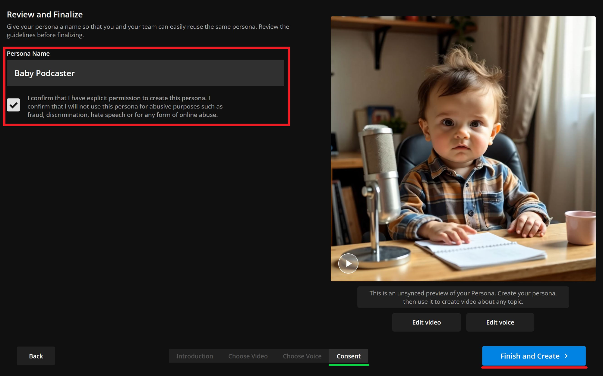Guide showing the final step in creating an AI baby podcaster. 