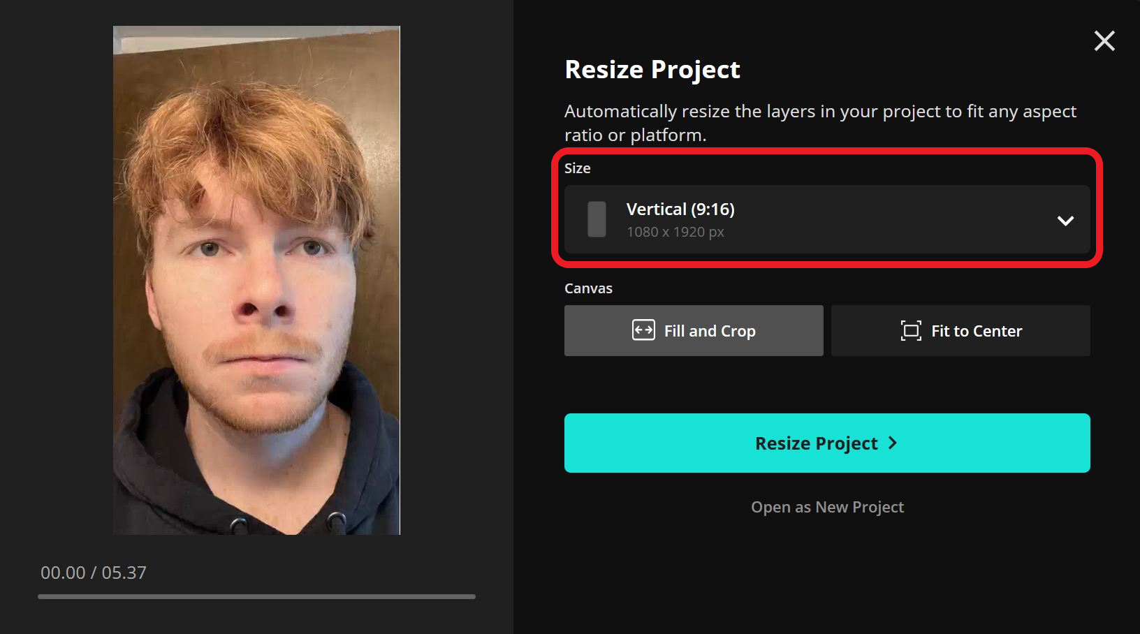Guide showing how to resize a eye zoom video for social media. 