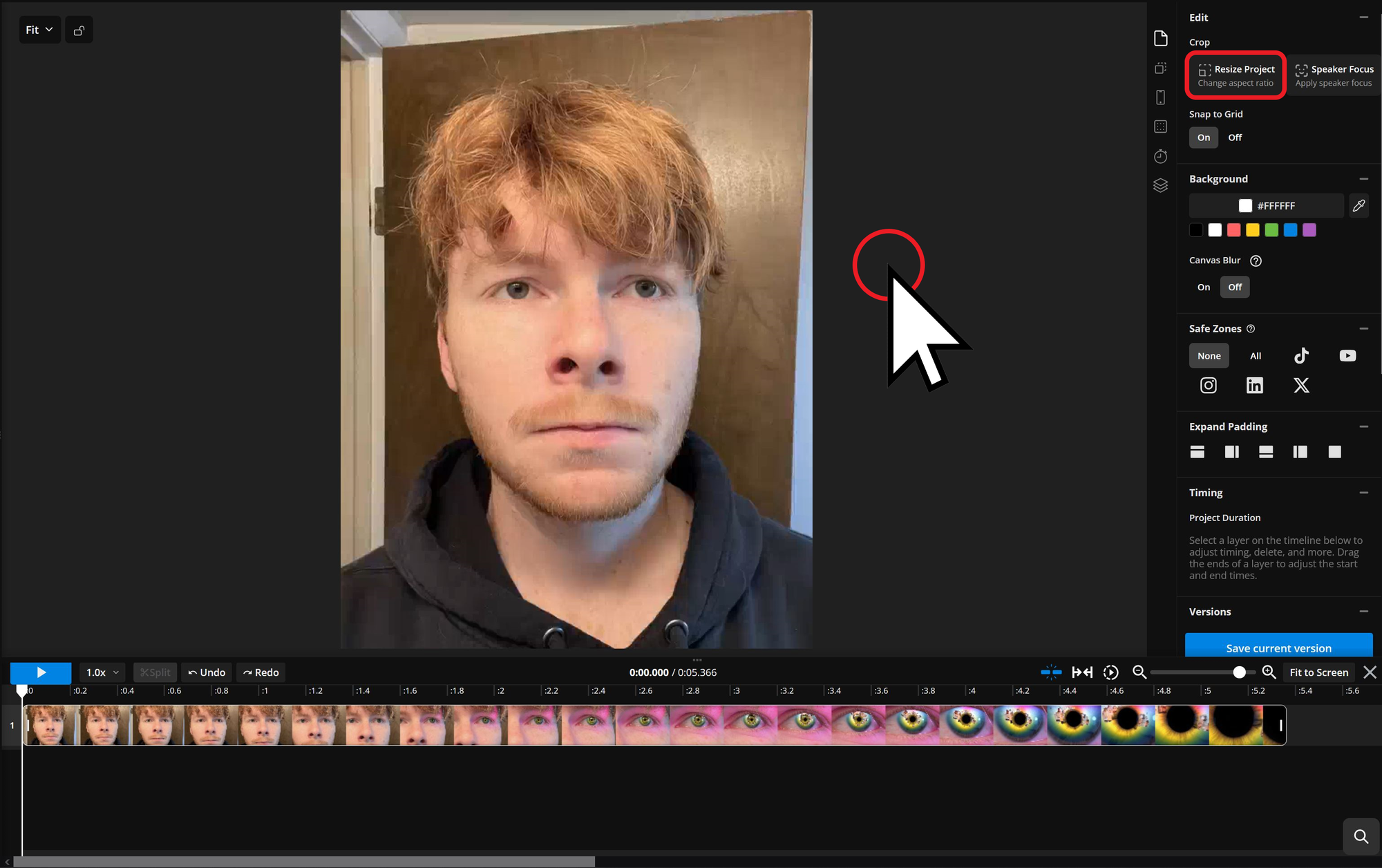 Guide showing how to resize a eye zoom video for social media. 