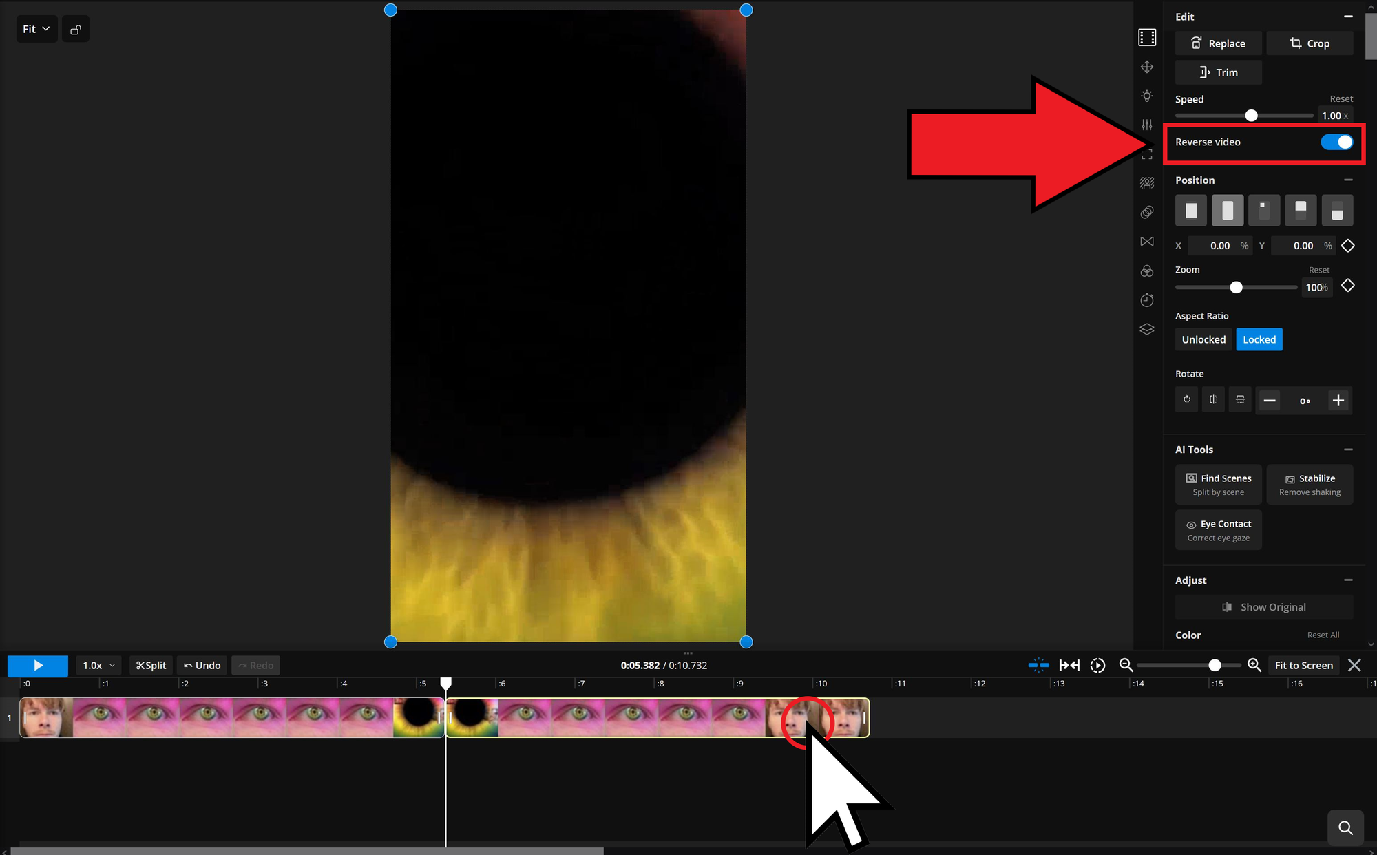Guide showing how to reverse a video clip for the Lost in Your Iris video trend. 