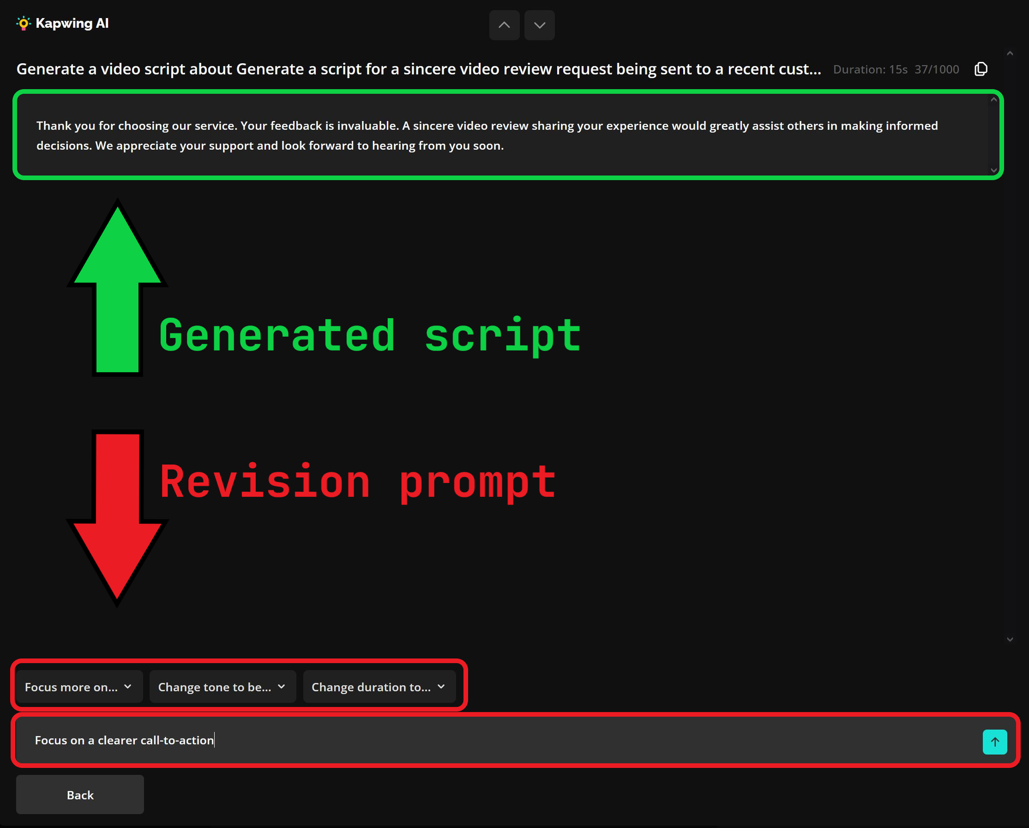 Guide showing how to revise an AI generated video review script. 