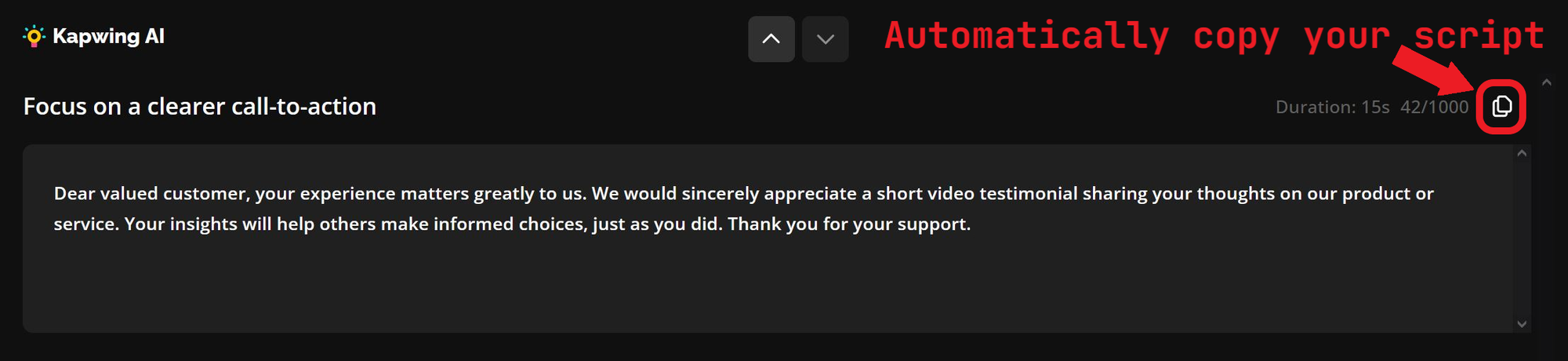 Image showing a video review request script with the 'copy' button highlighted. 