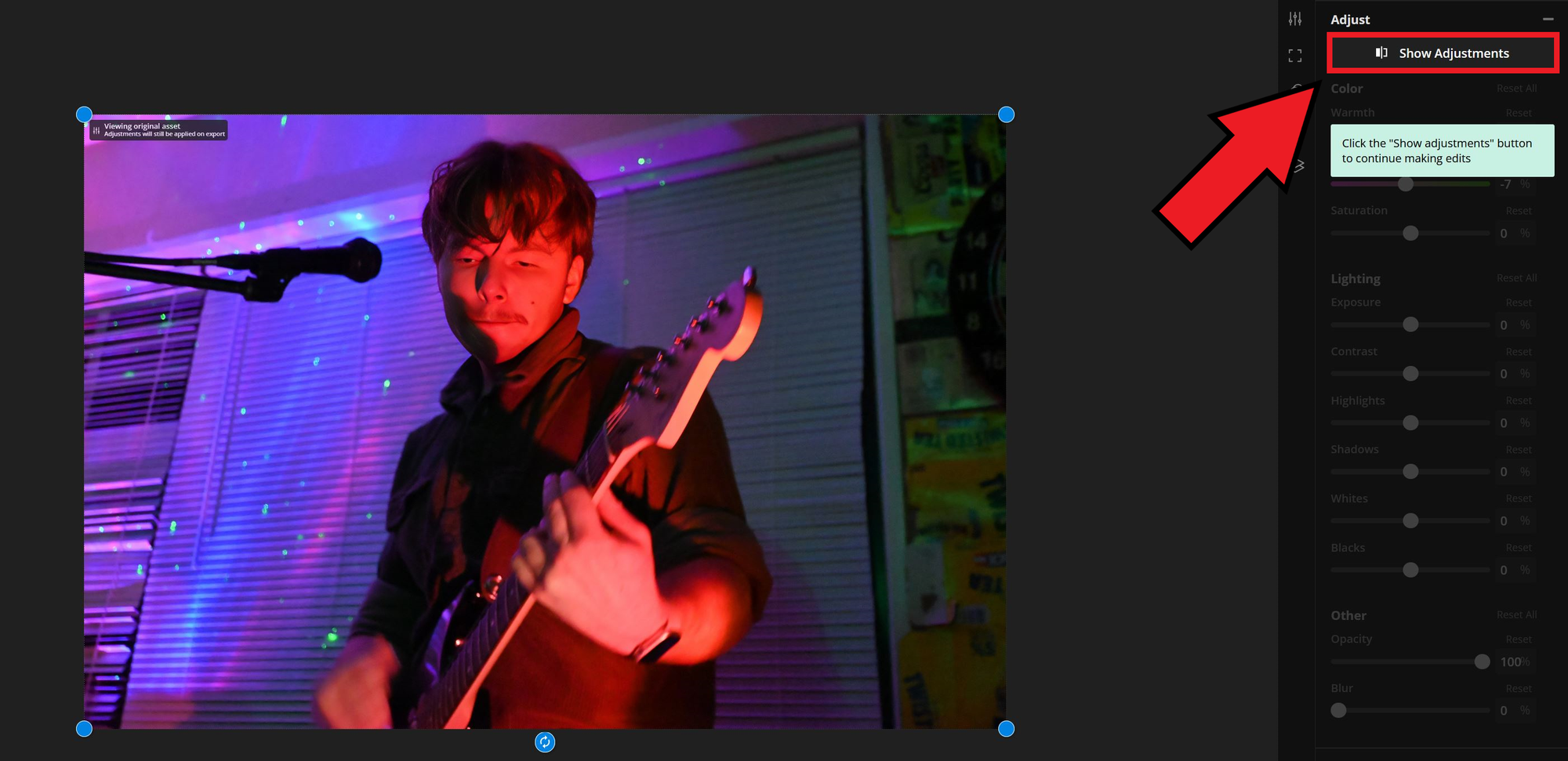Guide showing how to compare a color corrected image to its original while editing. 