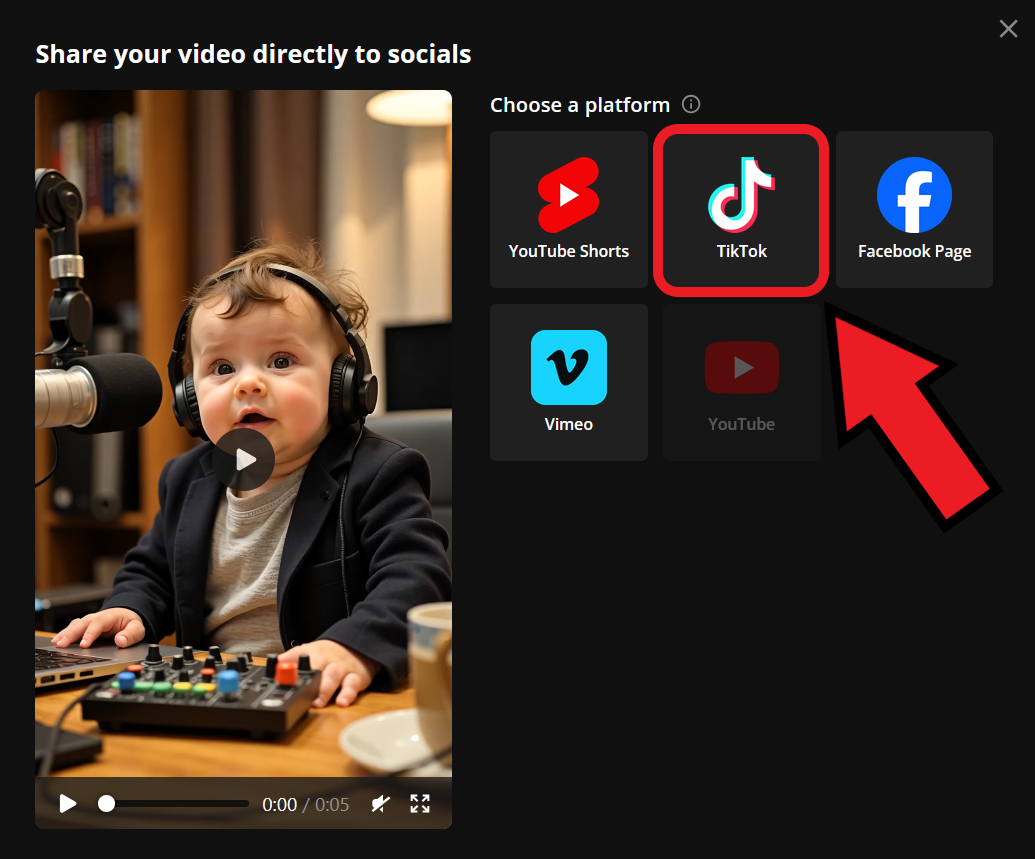 TikTok export option highlighted after creating a video from a template. 