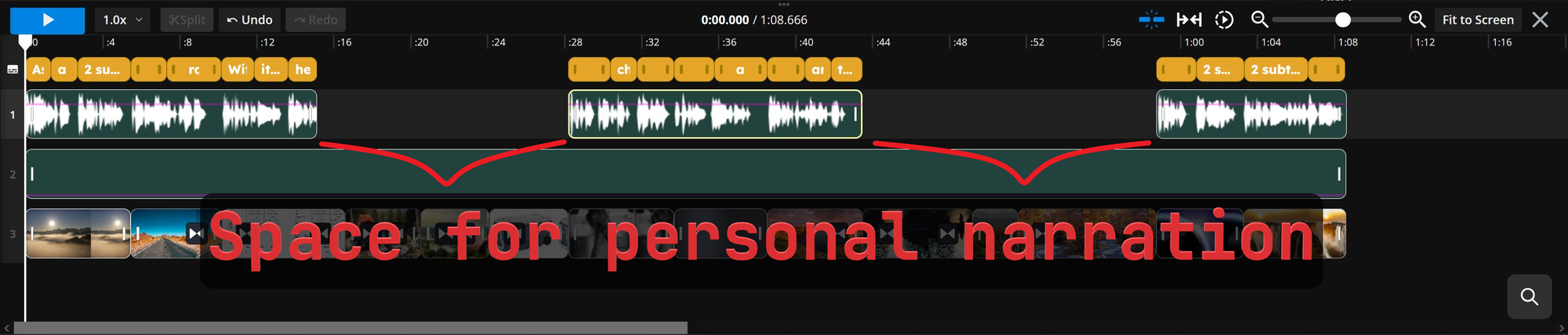 Guide showing how to edit a video timeline to create a narrator challenge video. 