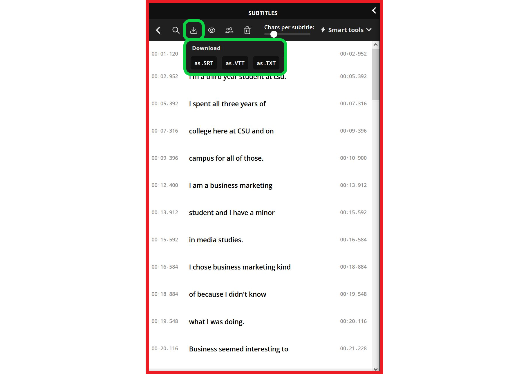 Guide showing how to download subtitles as an SRT or VTT file.