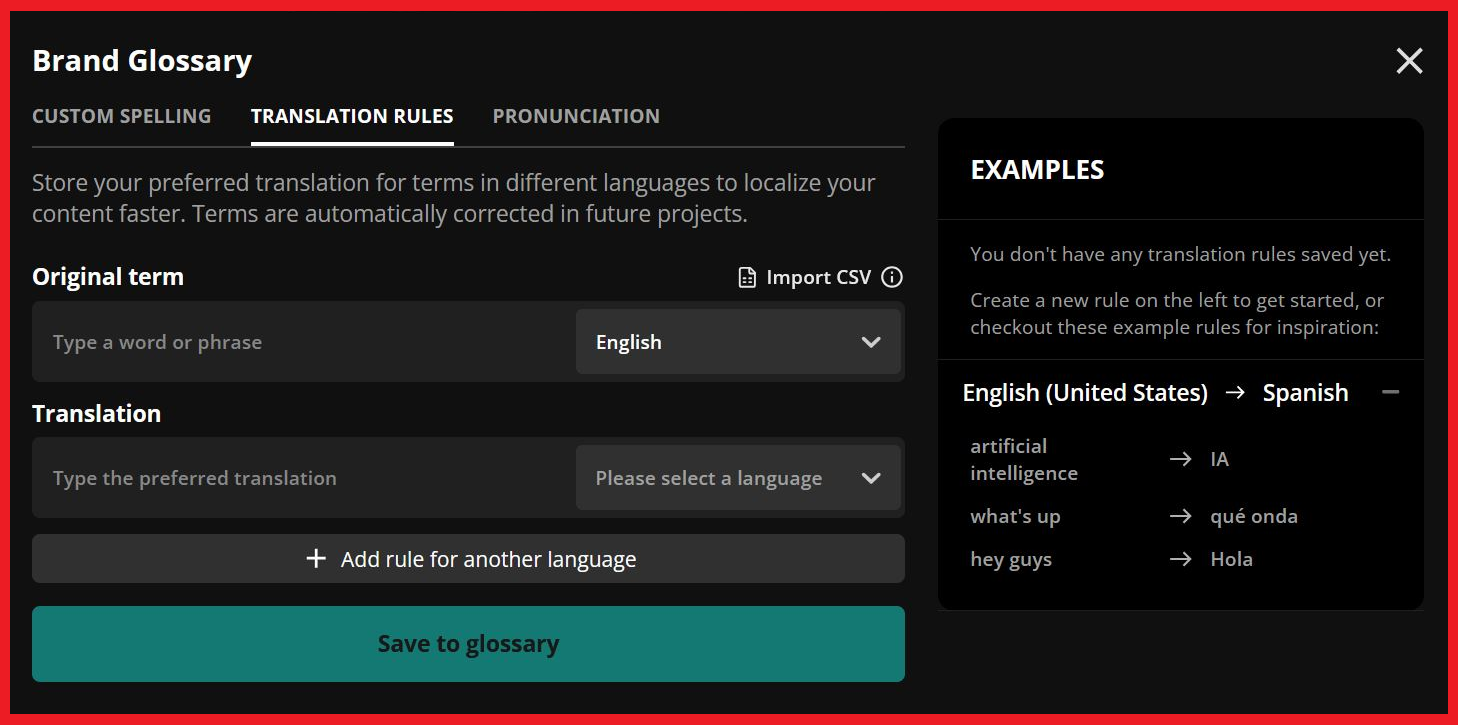 Translation Rules editor for adjusting how specific terms are translated in AI-generated voiceovers and subtitles.
