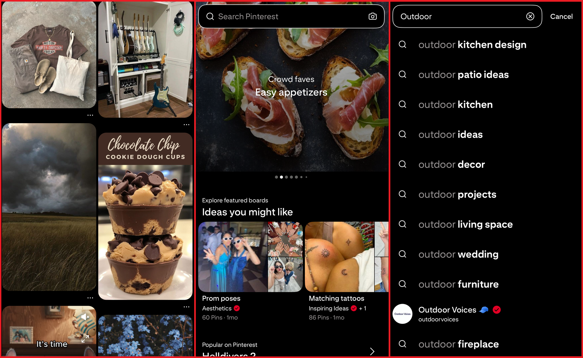 Example side-by-side images of the Pinterest interface showing different search areas within the app. 