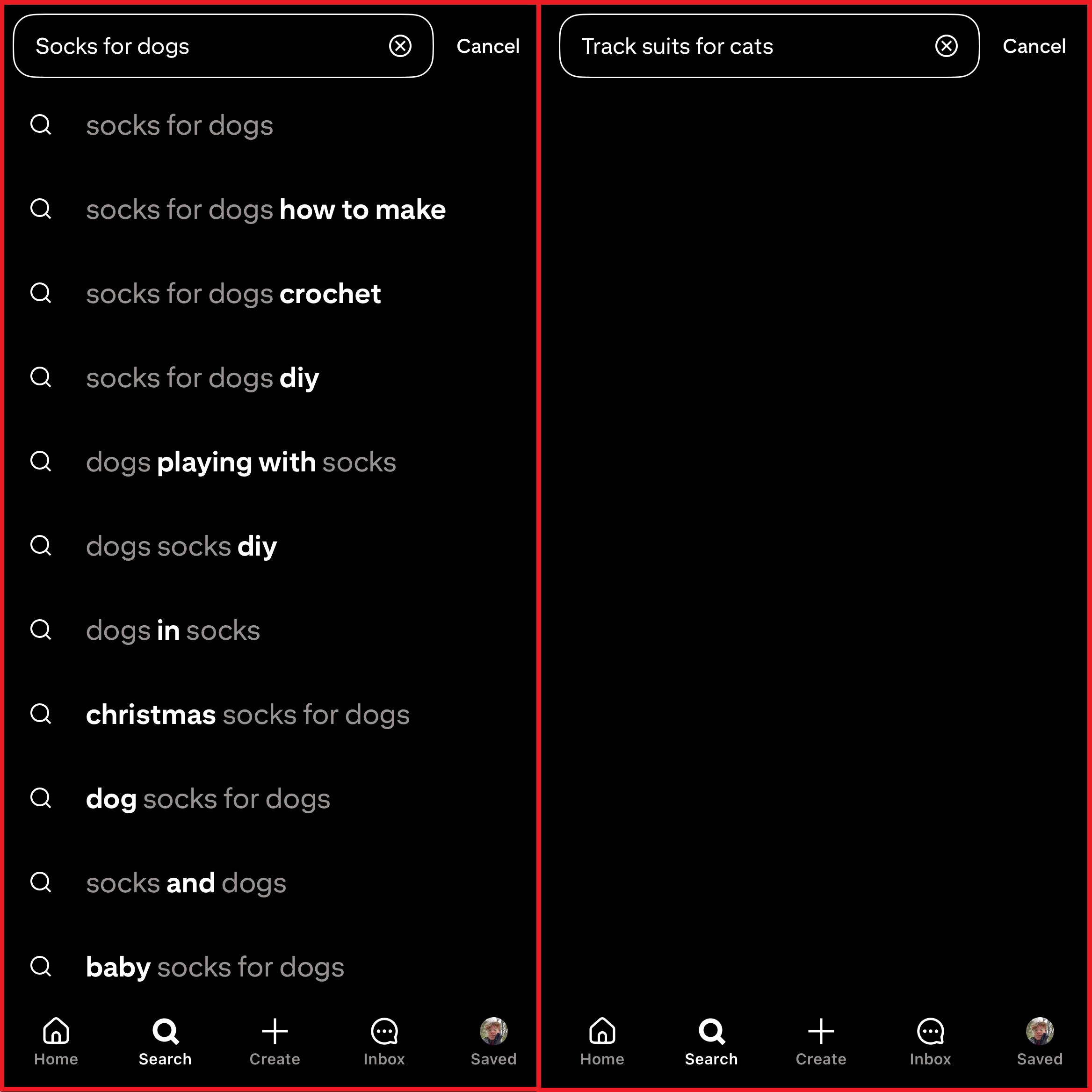 Example of two different potential Pinterest searches, one with large volume and the other without. 