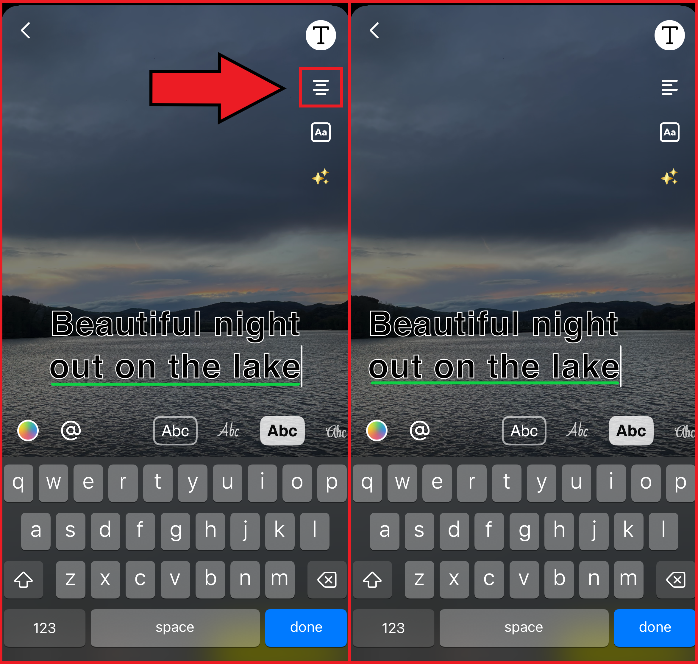 Guide showing how to adjust text alignment on Snapchat. 
