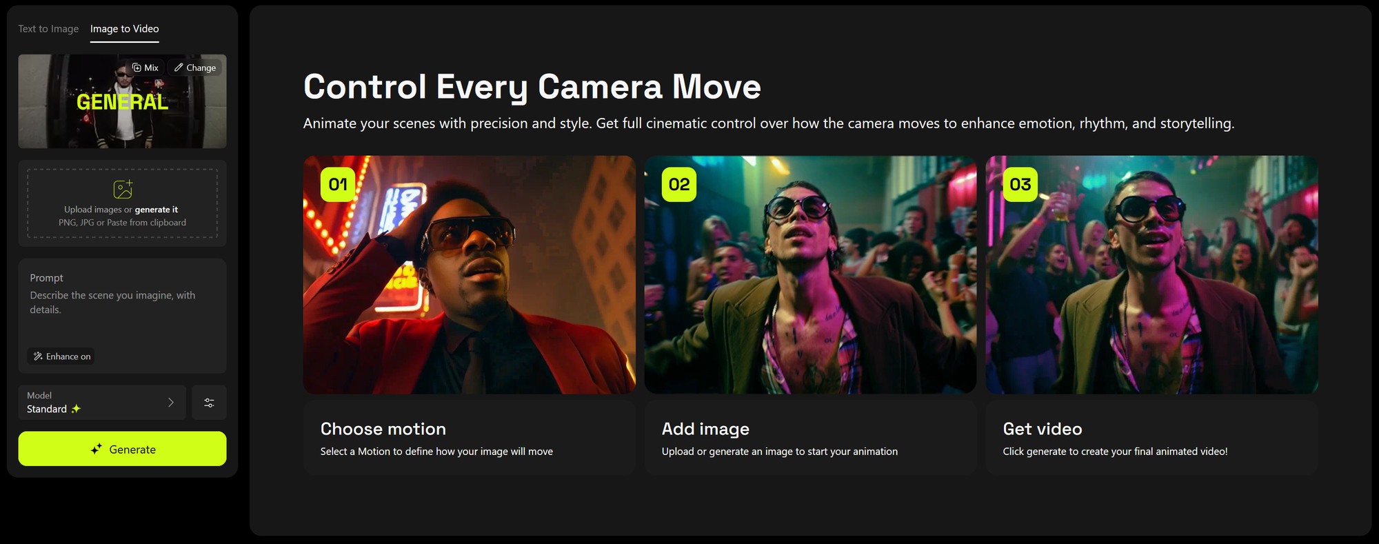Higgsfield AI video interface showing how to generate a video. 
