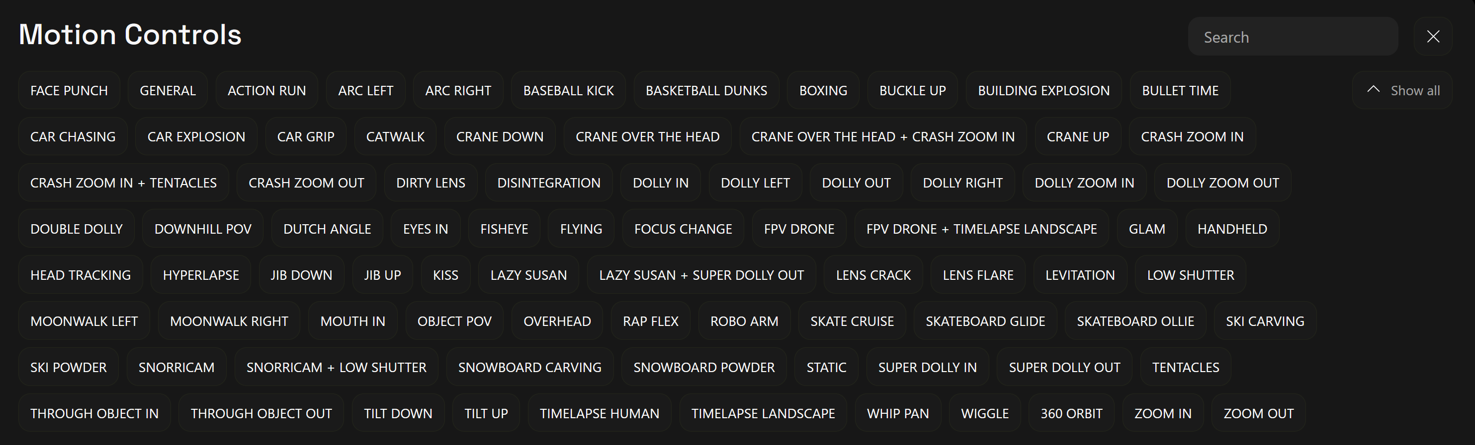 Example list of Higgsfield's motion controls.