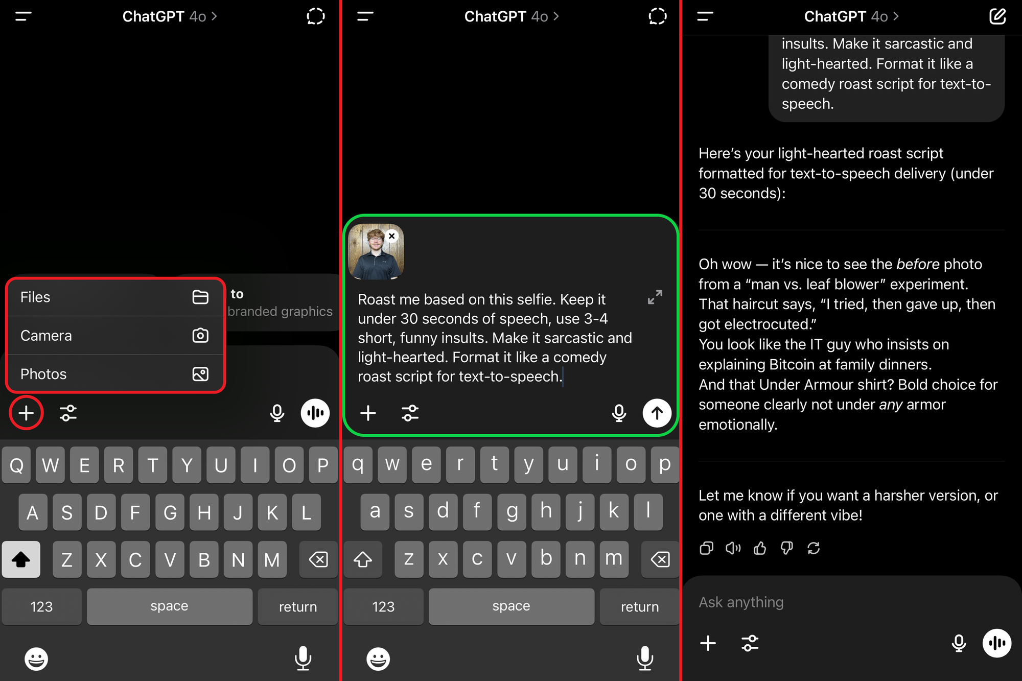 Guide showing how to receive a ChatGPT roast to make a 'Roast Me' video. 