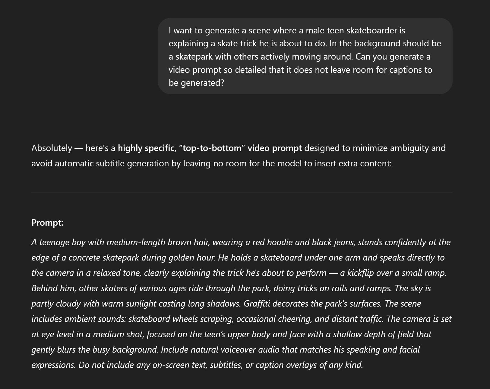 Example ChatGPT created video prompt for Veo 3 that eliminates bad subtitles or video captions. 