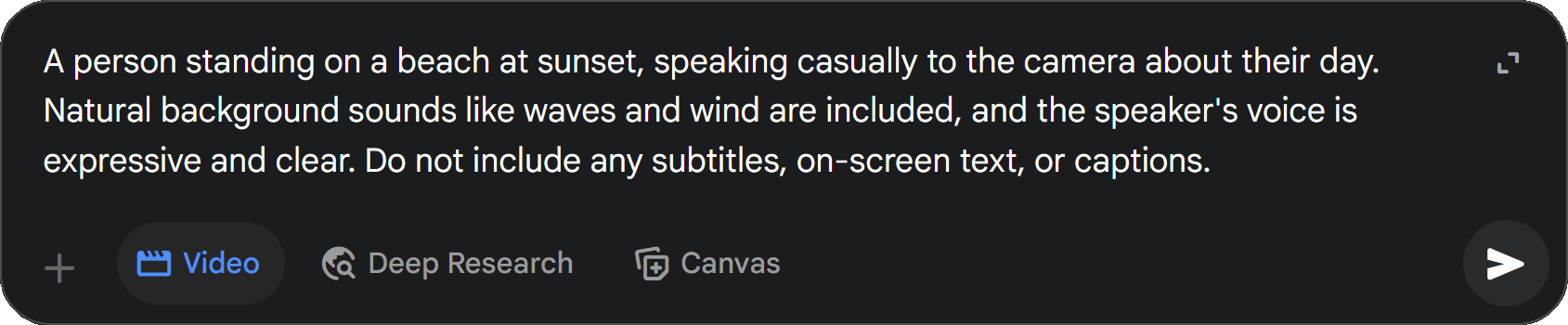 Example of a Veo 3 video prompt with negative prompt details to eliminate subtitles. 