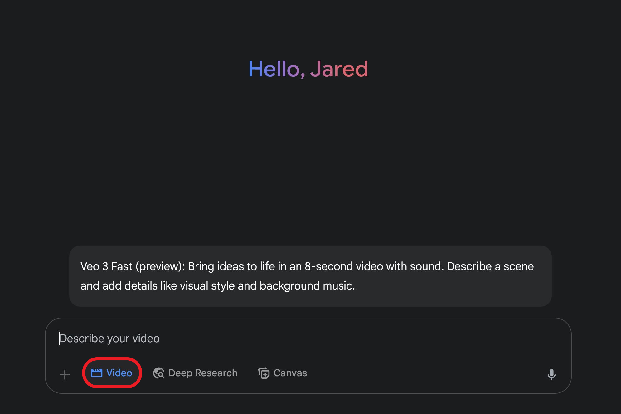 Google Gemini Veo 3 video prompt interface. 