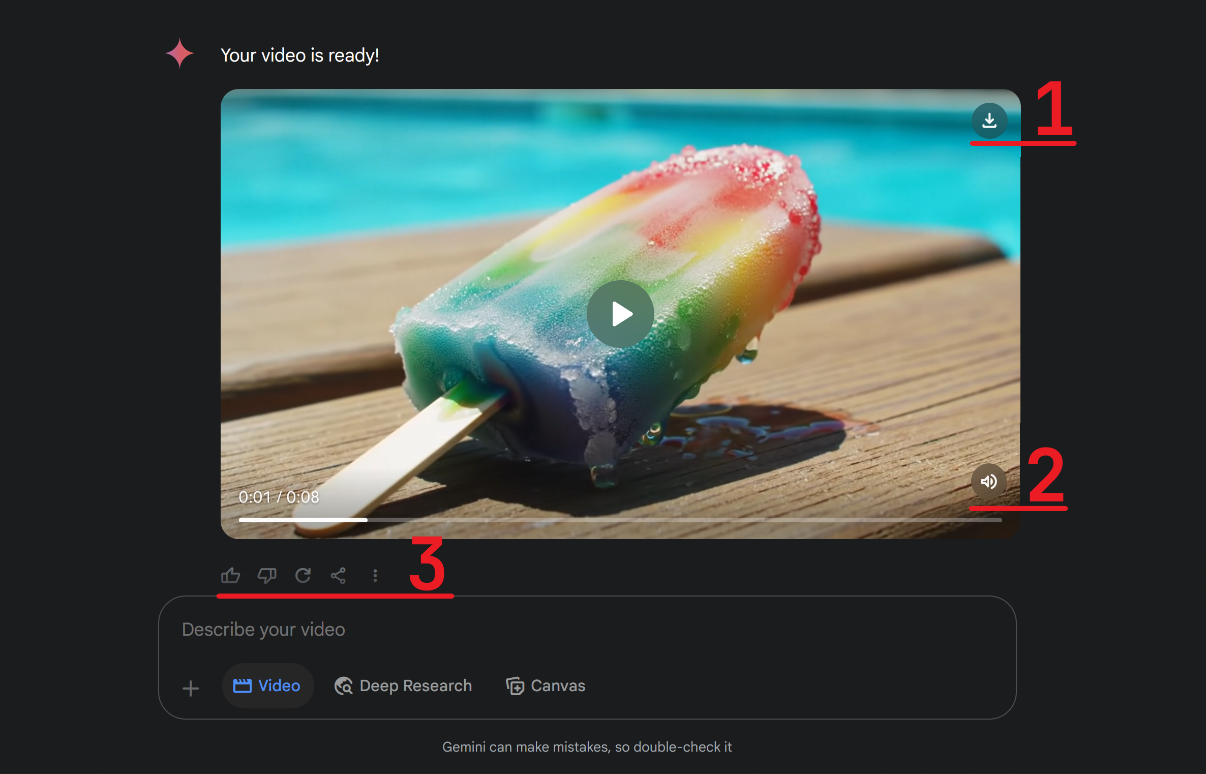 Google Gemini Veo 3 interface highlighting generated video tools like the download and audio icons. 