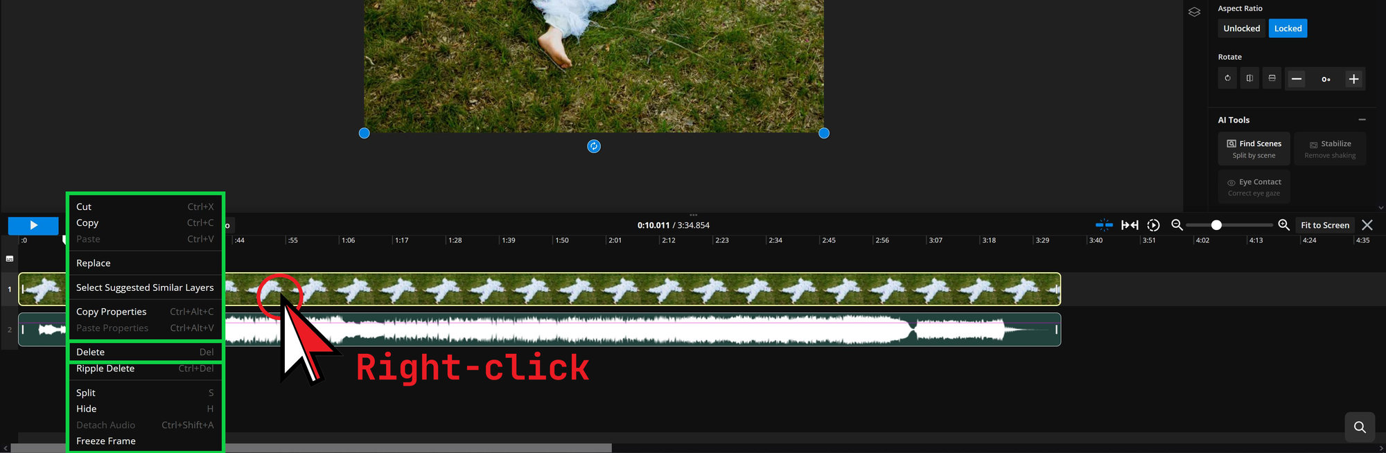 Guide showing how to delete a video track after extracting audio from YouTube. 
