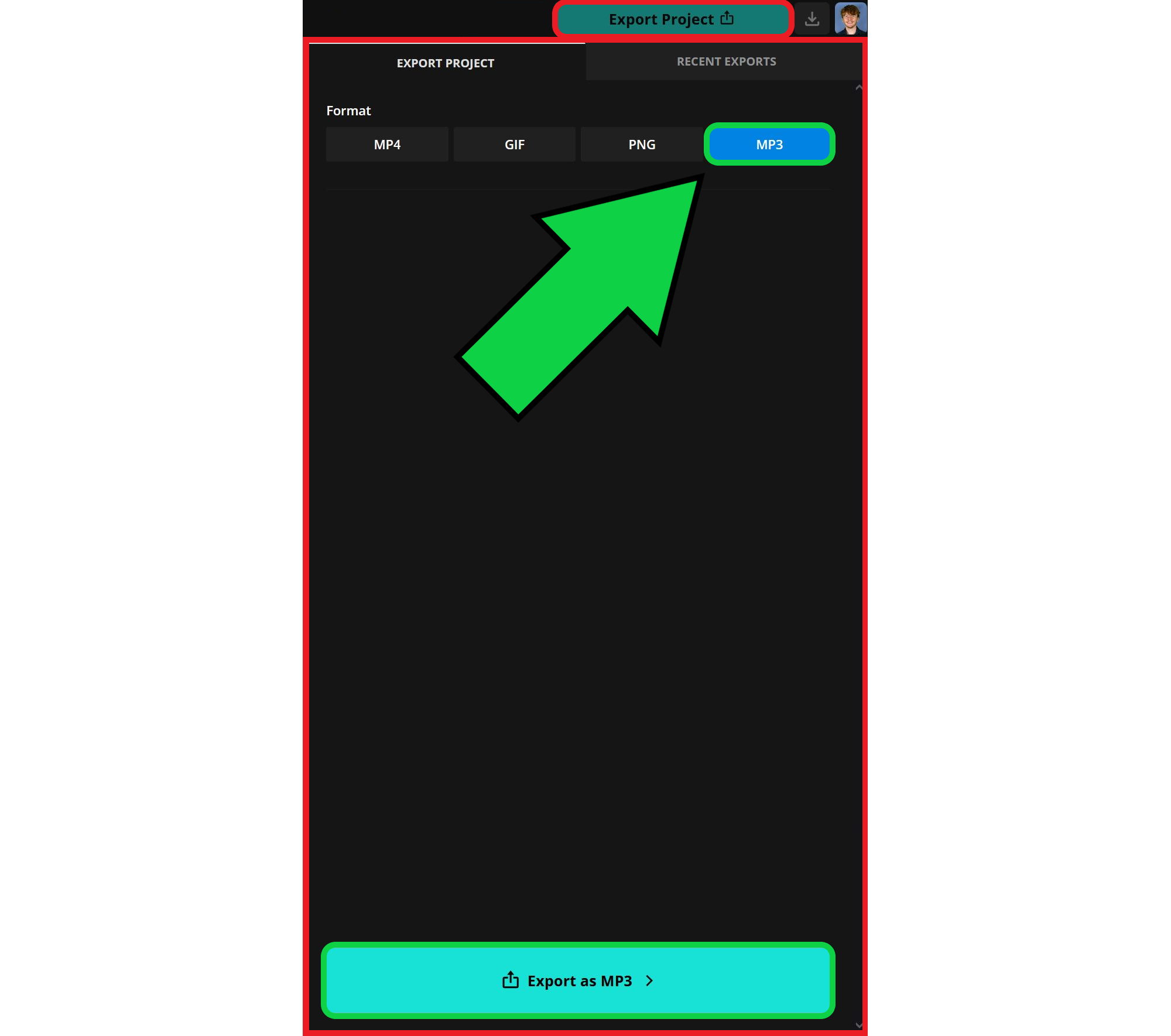 Guide showing how to export the audio from a YouTube video. 