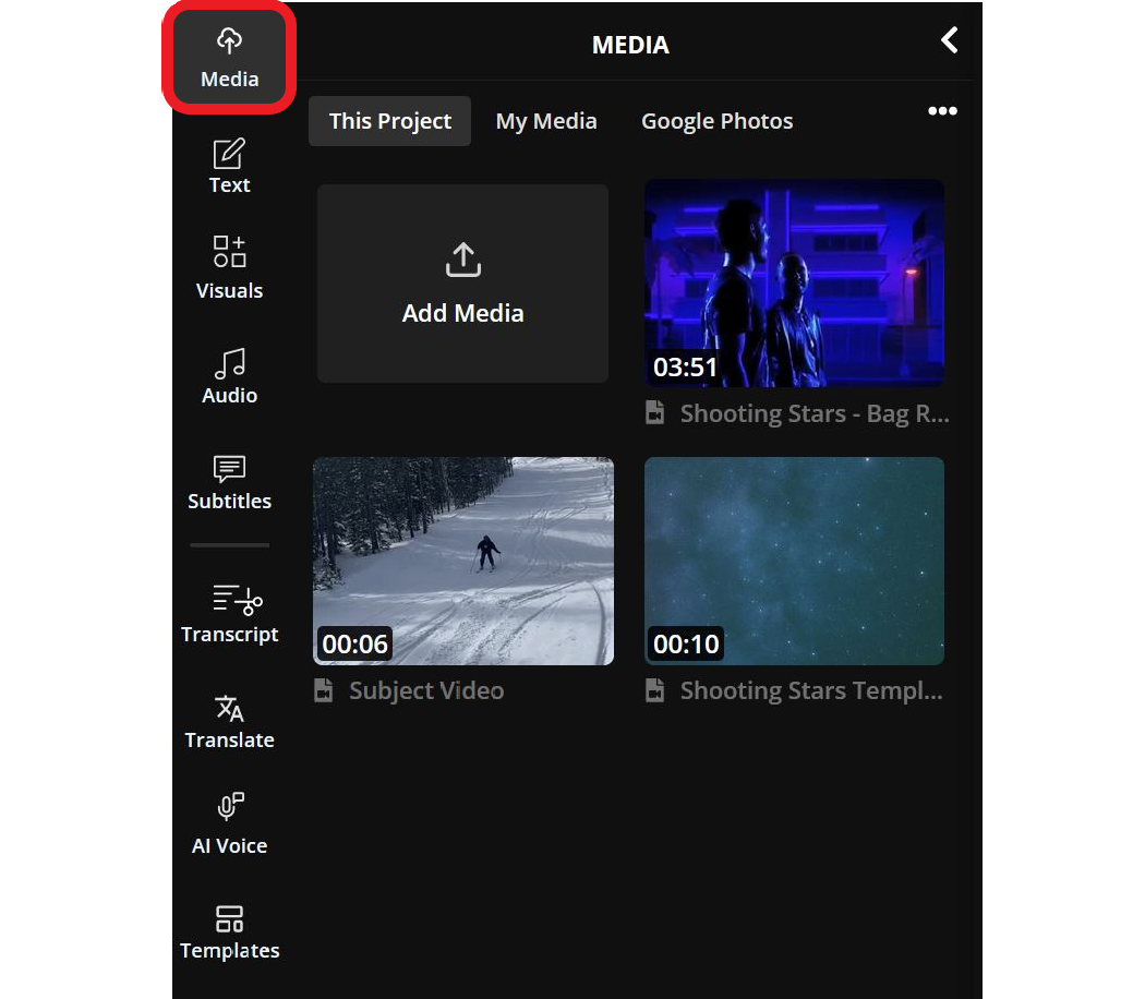 Guide showing how to access media in an editing project. 