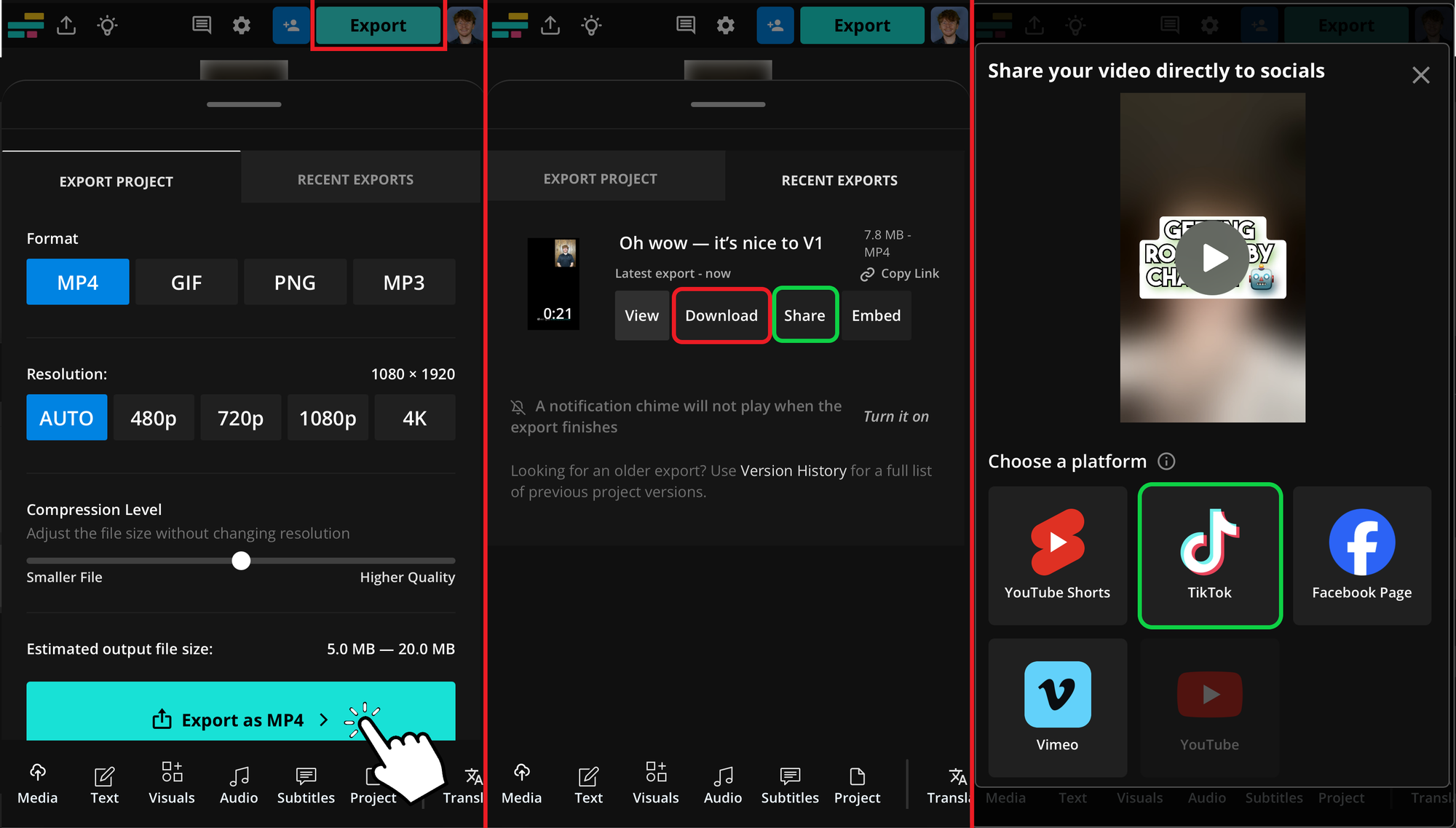 Guide showing how to export and share a ChatGPT 'Roast Me' video. 