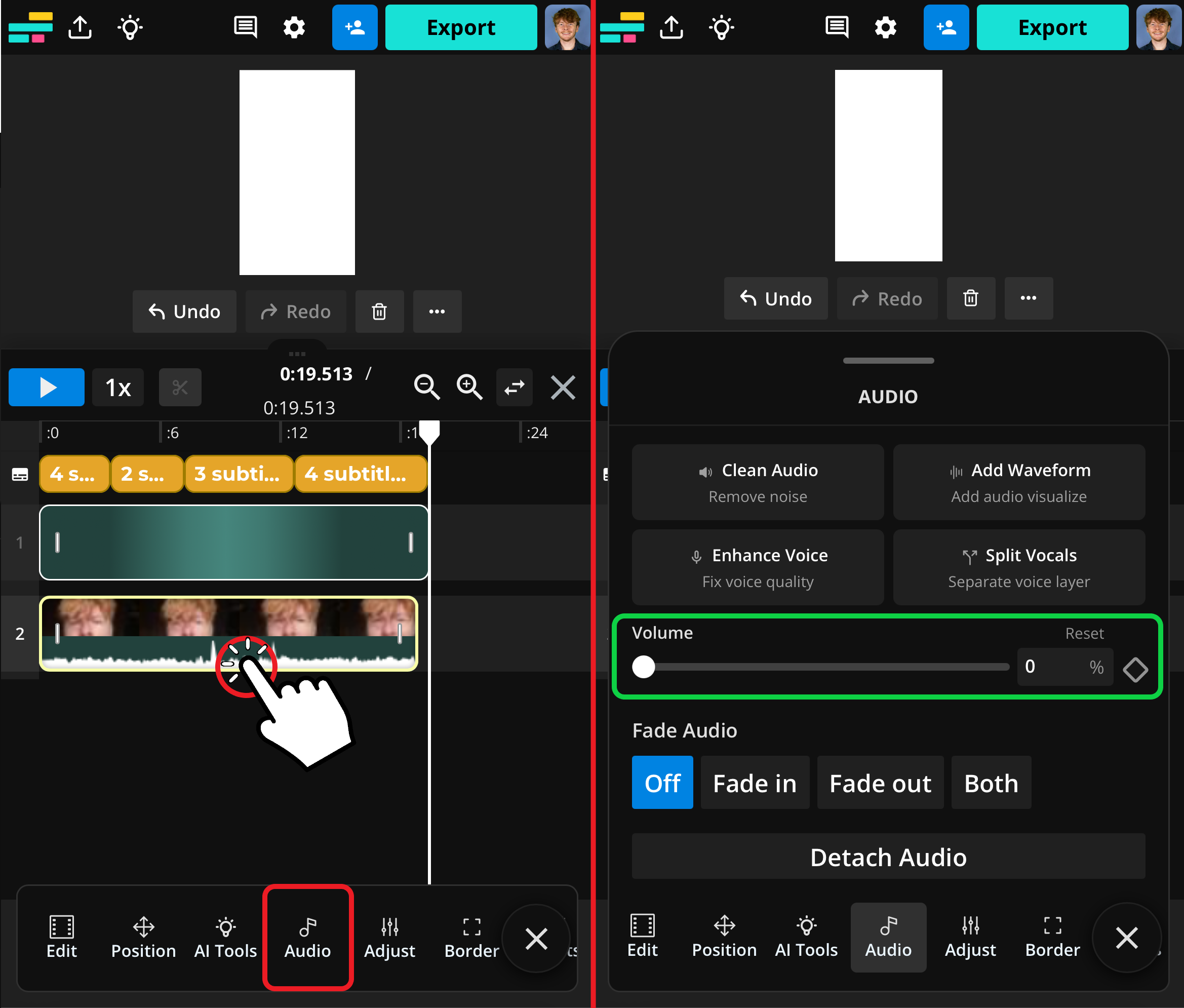 Guide showing how to mute a reaction video when building a ChatGPT 'Roast Me' video. 