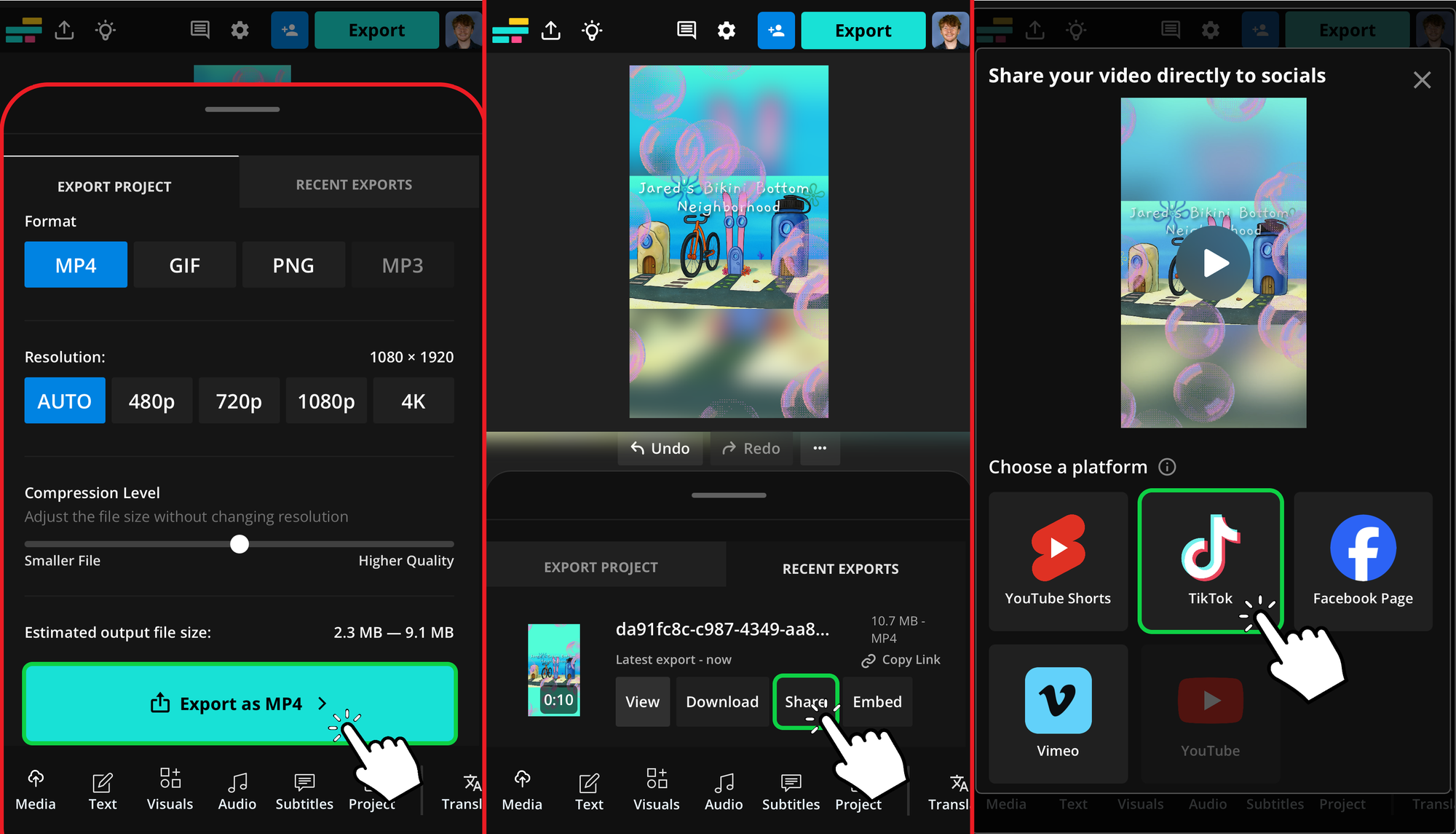 Guide showing how to export and share a Bikini Bottom trend post to TikTok. 