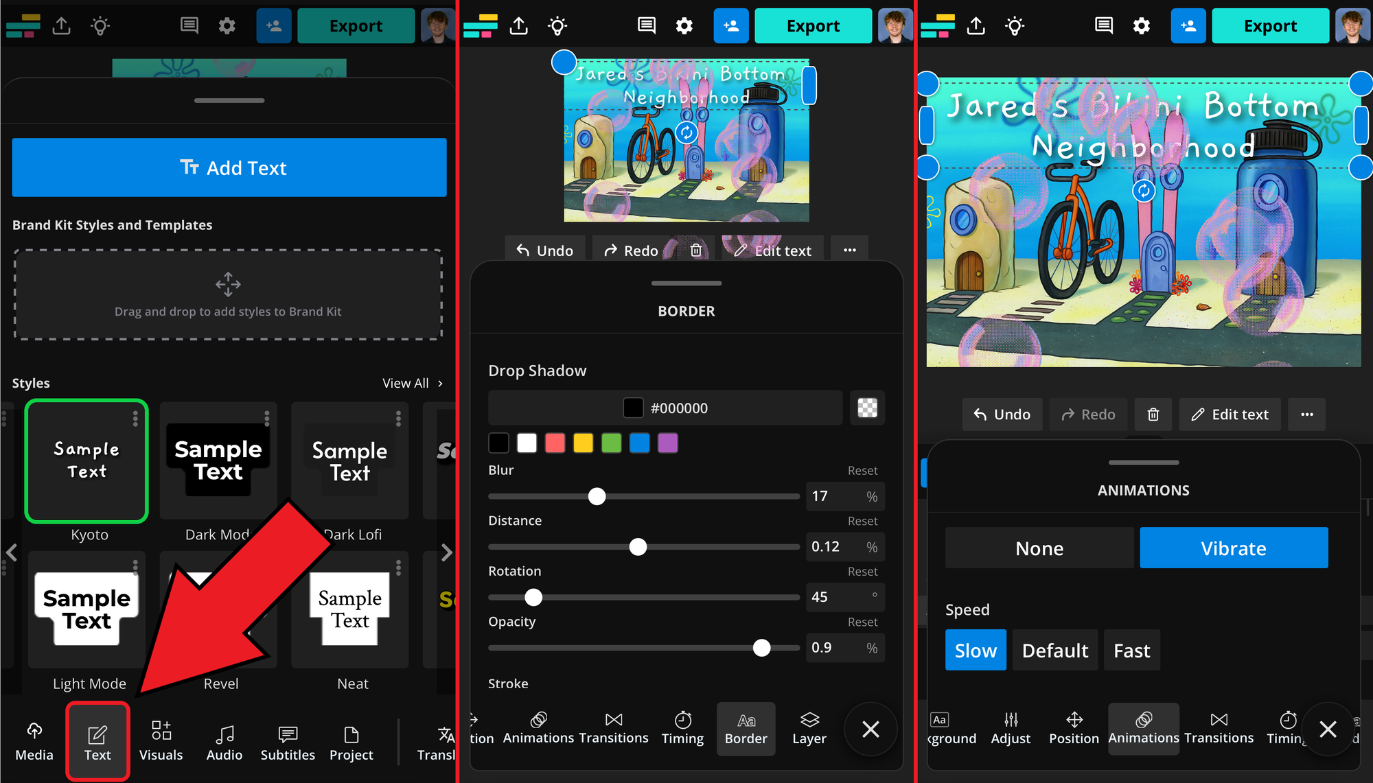 Guide showing how to edit a Bikini Bottom trend post by adding animated text.