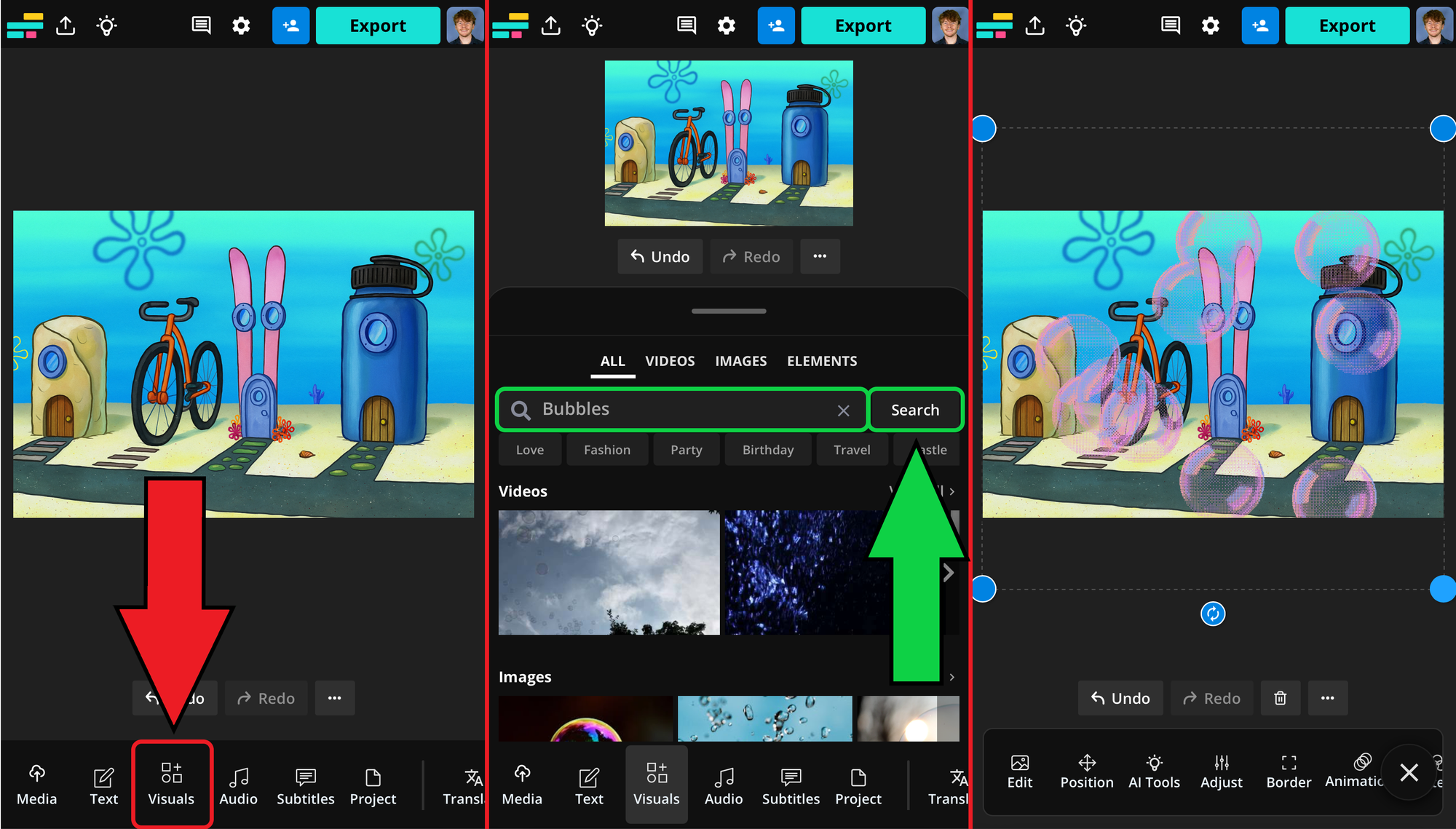 Guide showing how to edit a Bikini Bottom trend image. 