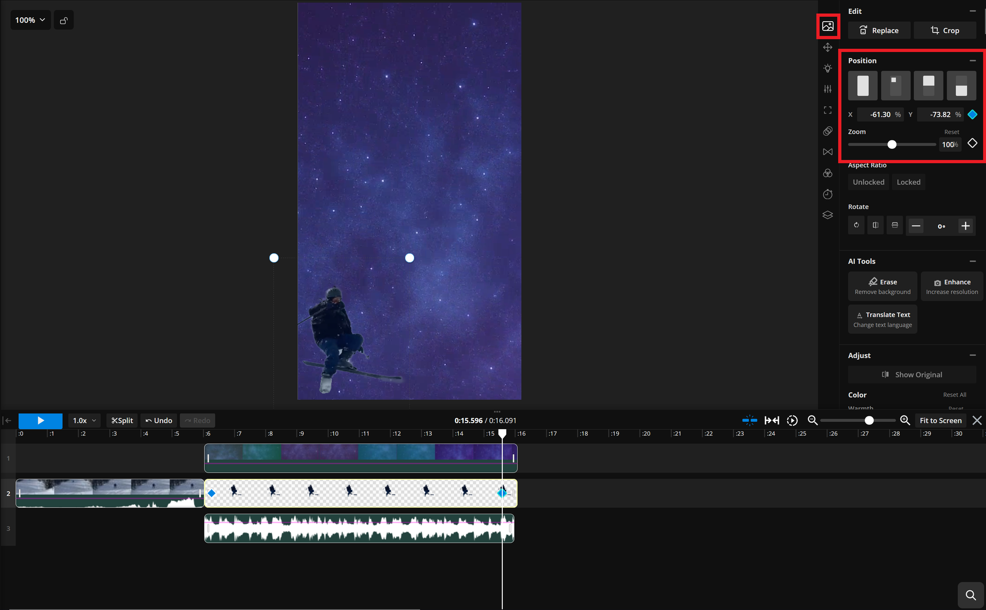 Guide showing how to add position keyframes to a Shooting Star meme video. 