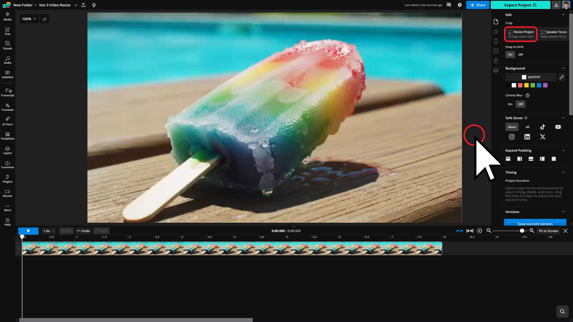 Guide showing how to begin resizing a Veo 3 generated video. 