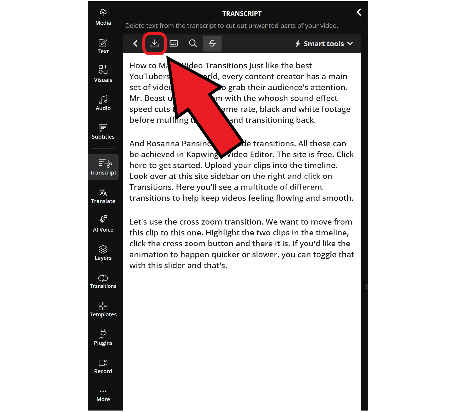 Guide showing how to download a video transcript for use in generating a thumbnail using ChatGPT. 