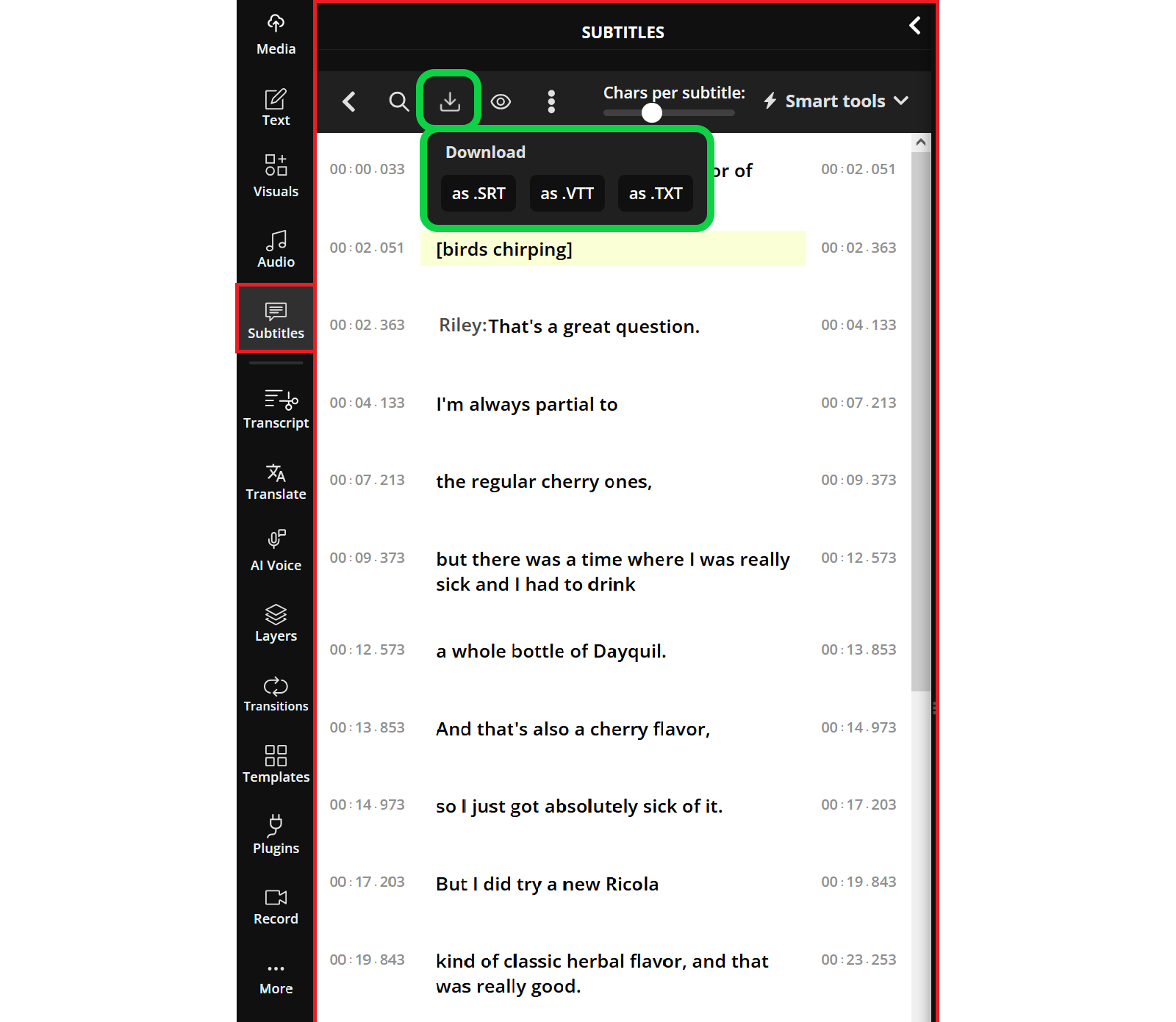 Guide showing how to download a video transcript in compliance with the European Accessibility Act.