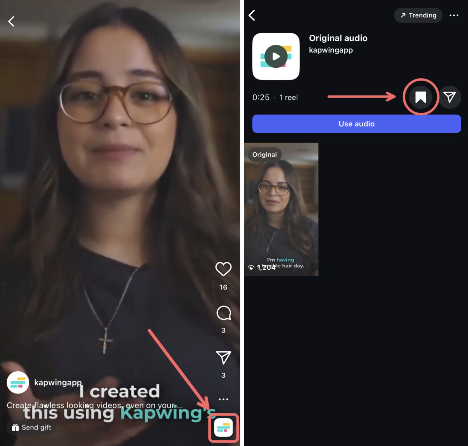 Instagram Reel with the audio icon tapped and the audio page open, showing how to bookmark a sound.