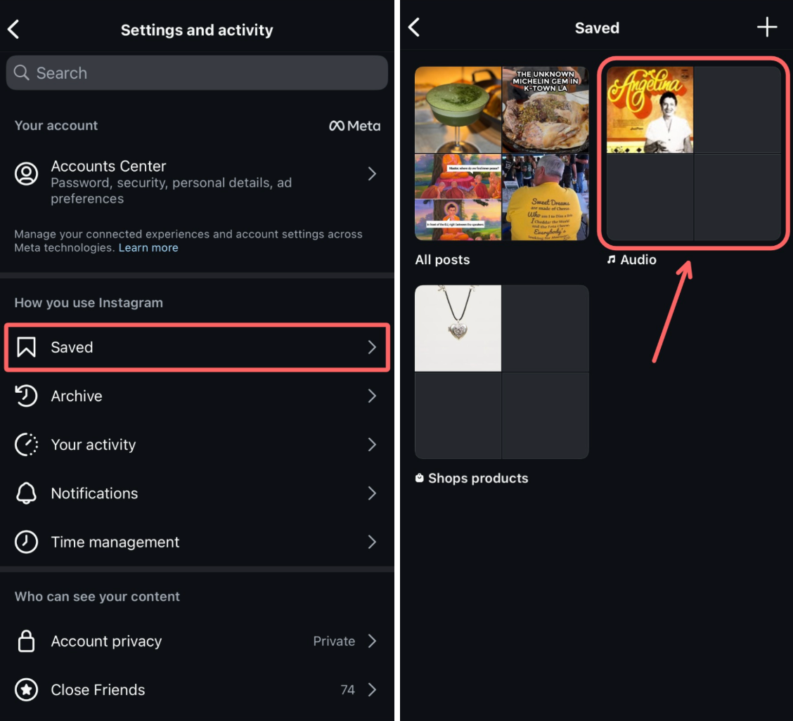 Instagram “Settings and Activity” menu with “Saved” selected, showing saved audio clips in the Audio tab.