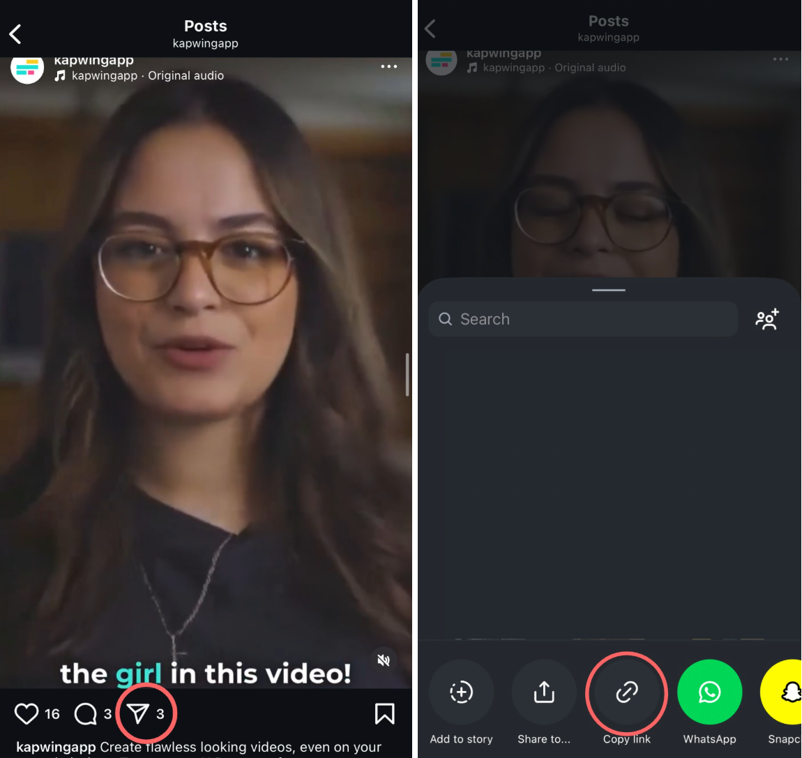 Instagram mobile screen showing how to tap the Share icon and select “Copy Link” from the options.