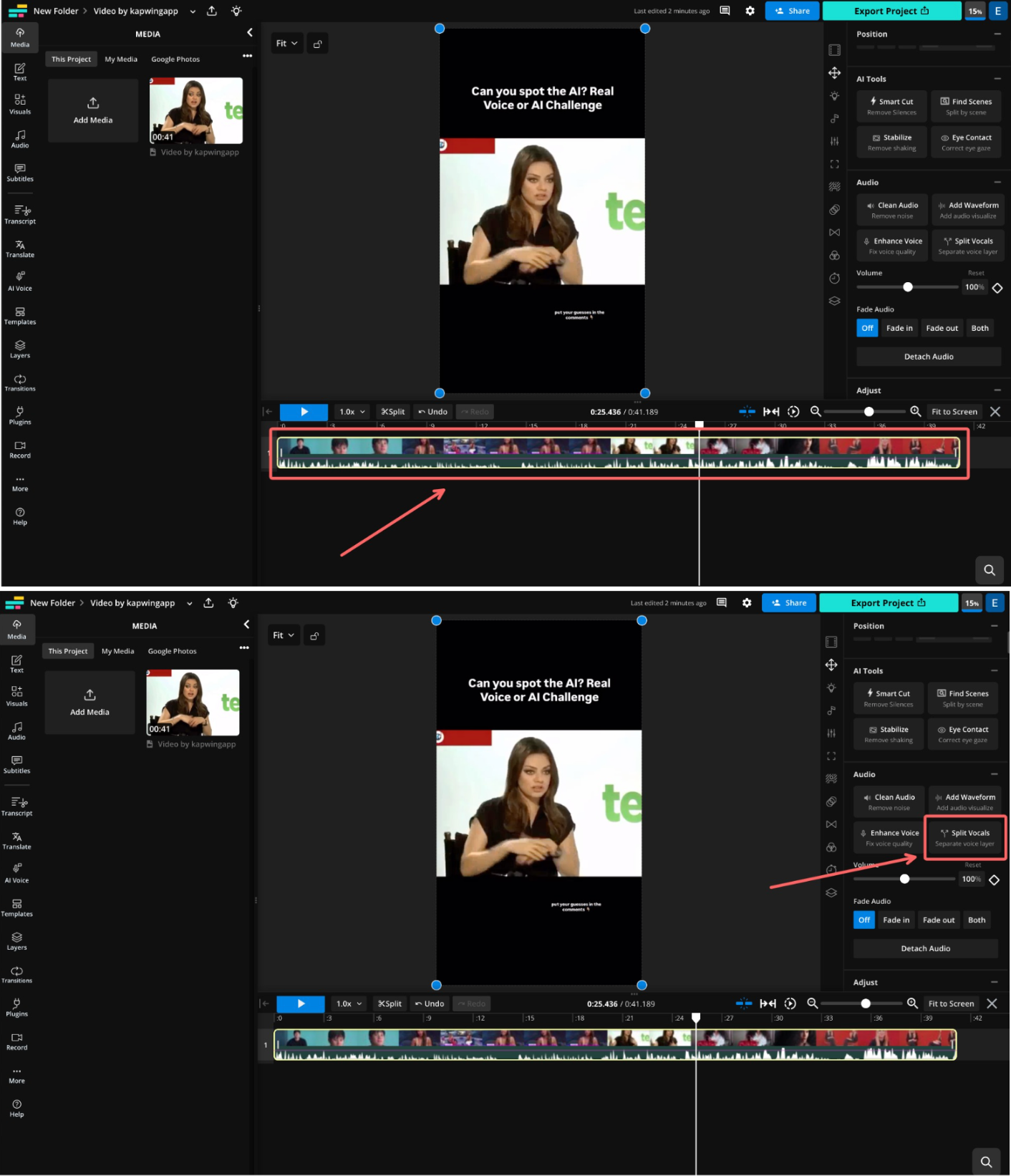Kapwing timeline with waveform view and the “Split Vocals” button highlighted to isolate audio tracks.