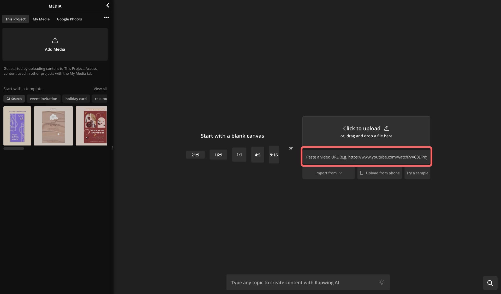 Kapwing’s upload screen with the Instagram video link pasted into the project input box.