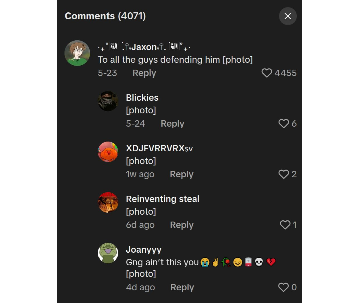 TikTok desktop comment section showing photo comments. 