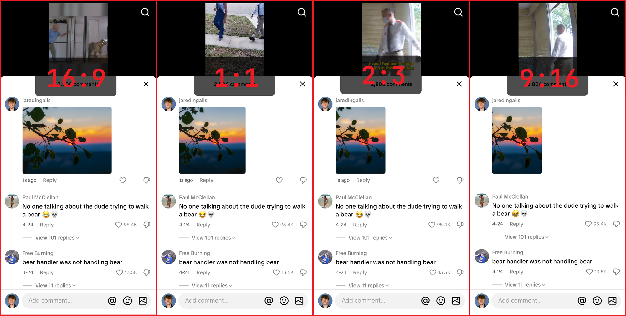TikTok image comment aspect ratio comparison showing image ranging from 16:9 to 9:16. 