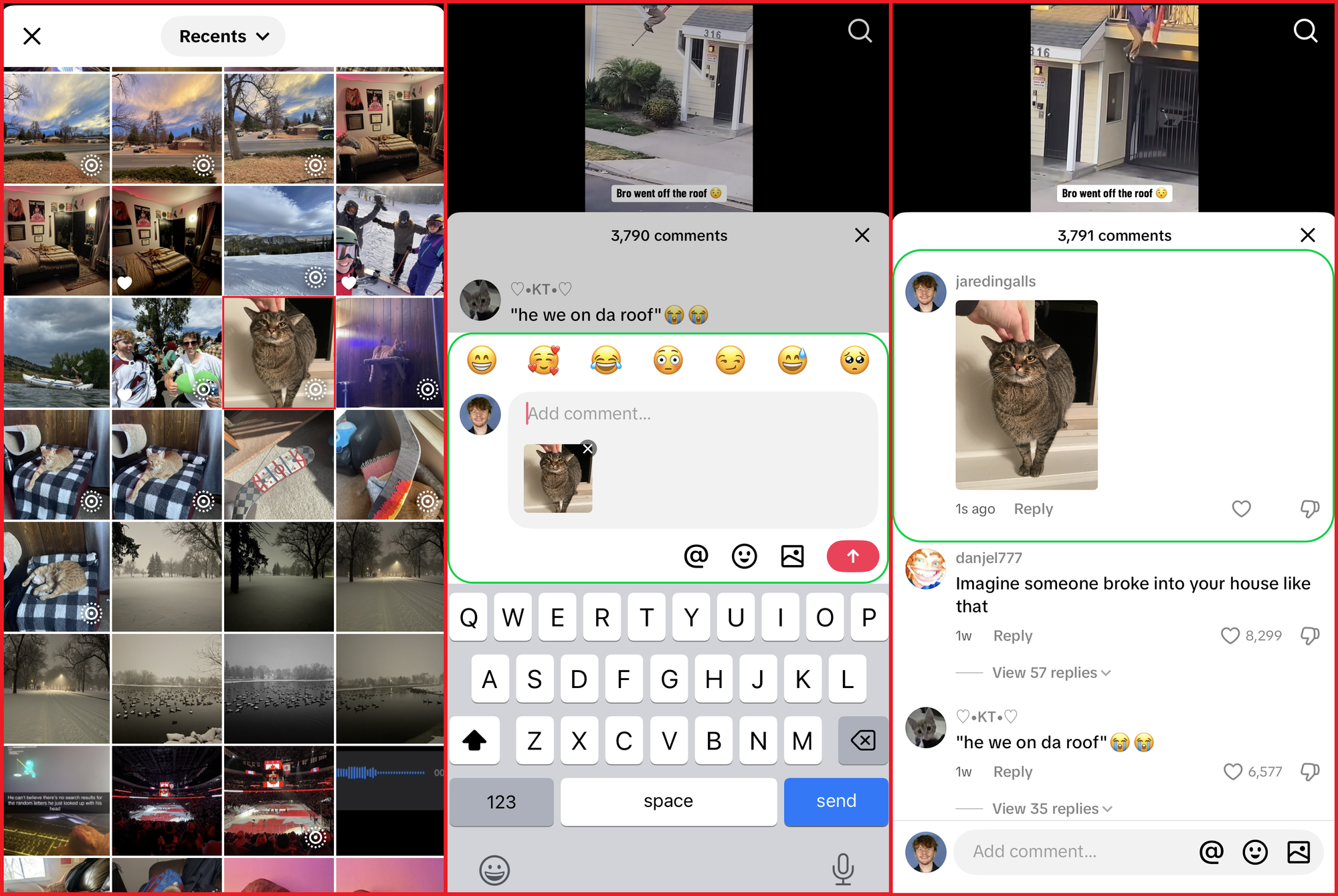 Guide showing how to upload and post pictures in comments on TikTok. 