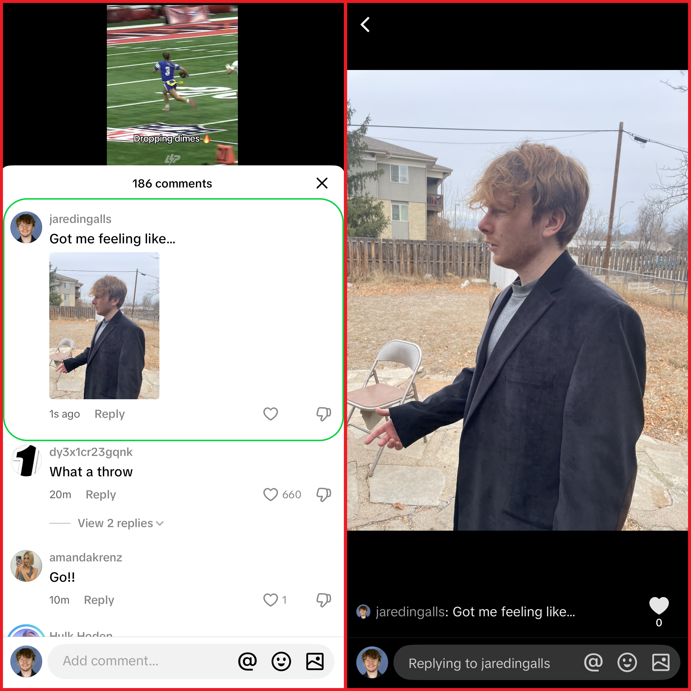 Example image comment on TikTok showing aspect ratio details and full-screen options. 