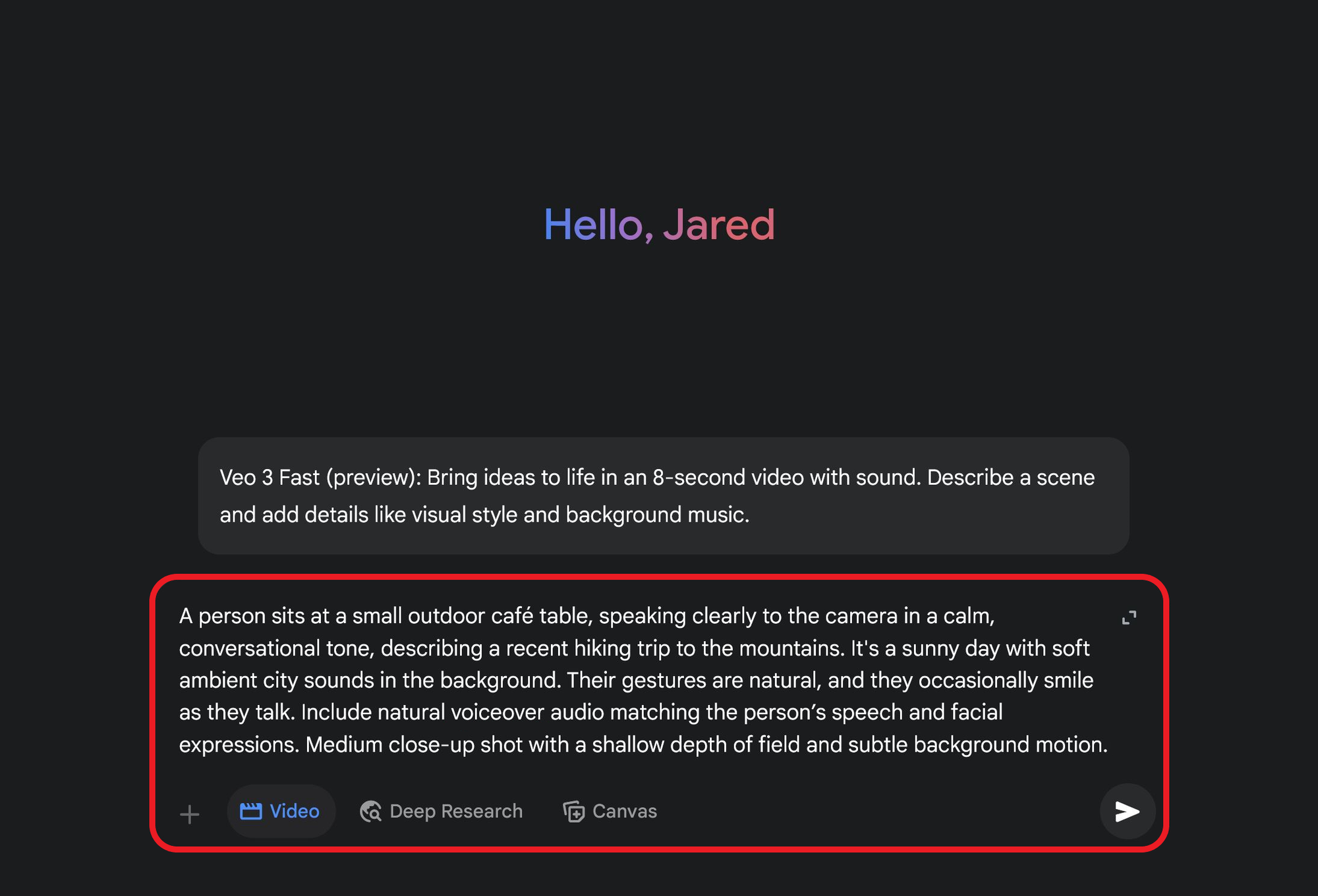 Guide showing an example Veo 3 video prompt for generating a video without subtitles or captions. 