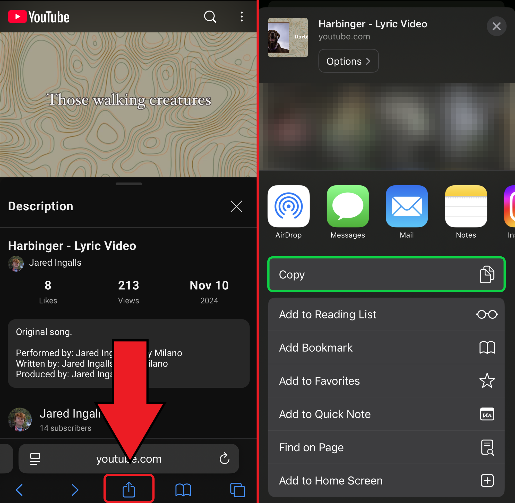 Guide showing how to copy a YouTube video link for extracting audio on mobile.