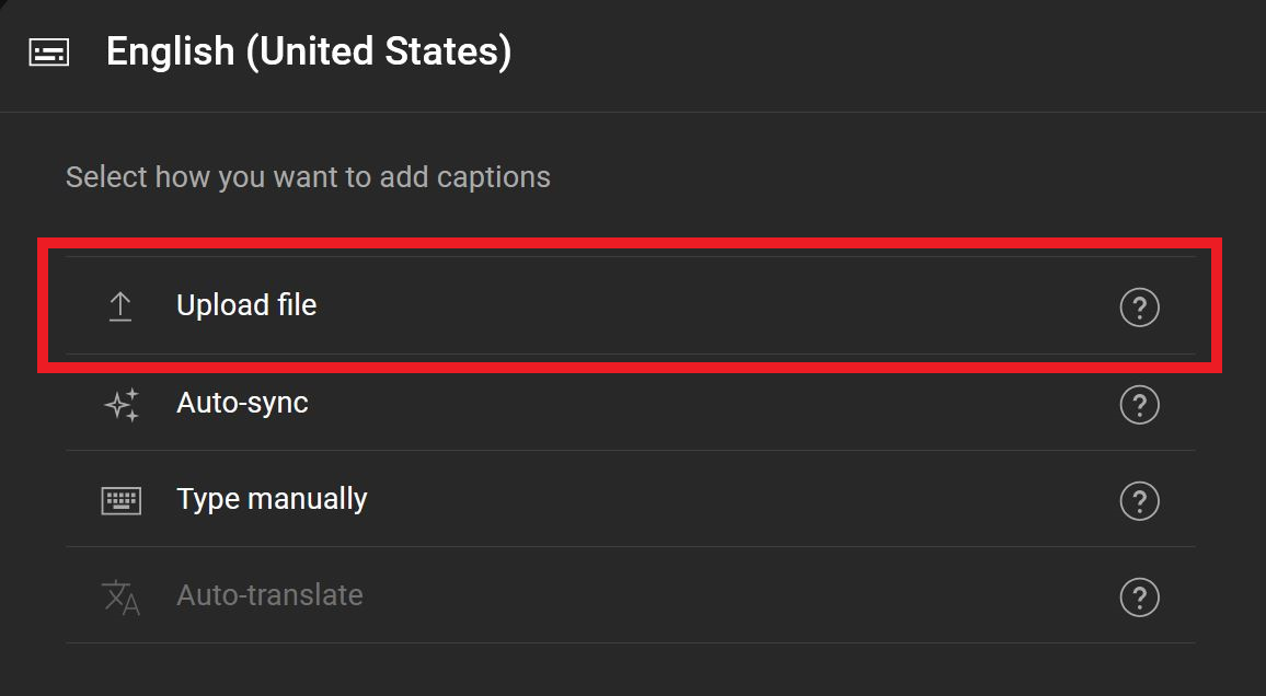 Guide image showing where to upload a caption file to a YouTube video. 