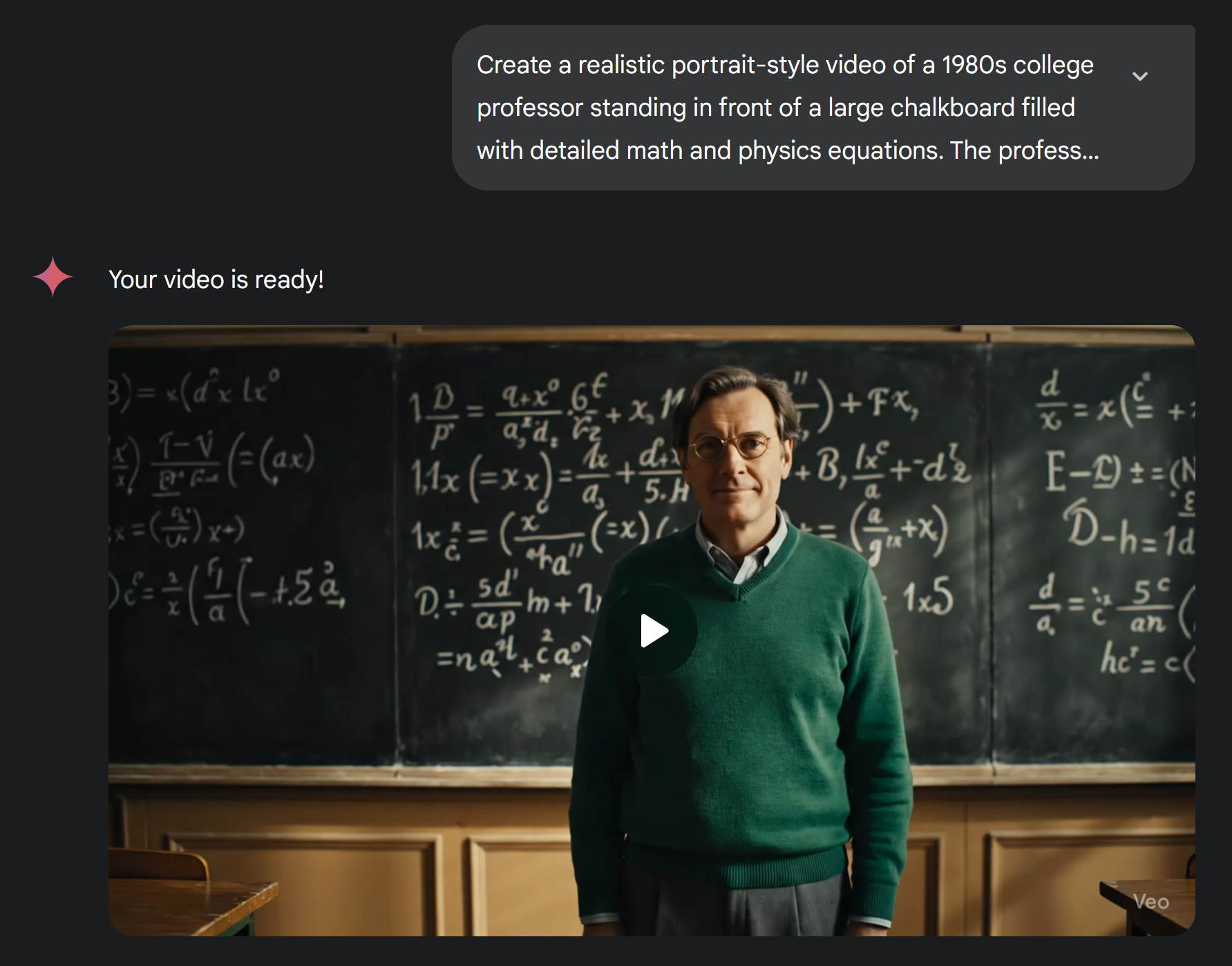 Example Veo 3 prompt requesting a portrait video with a generated horizontal video response. 