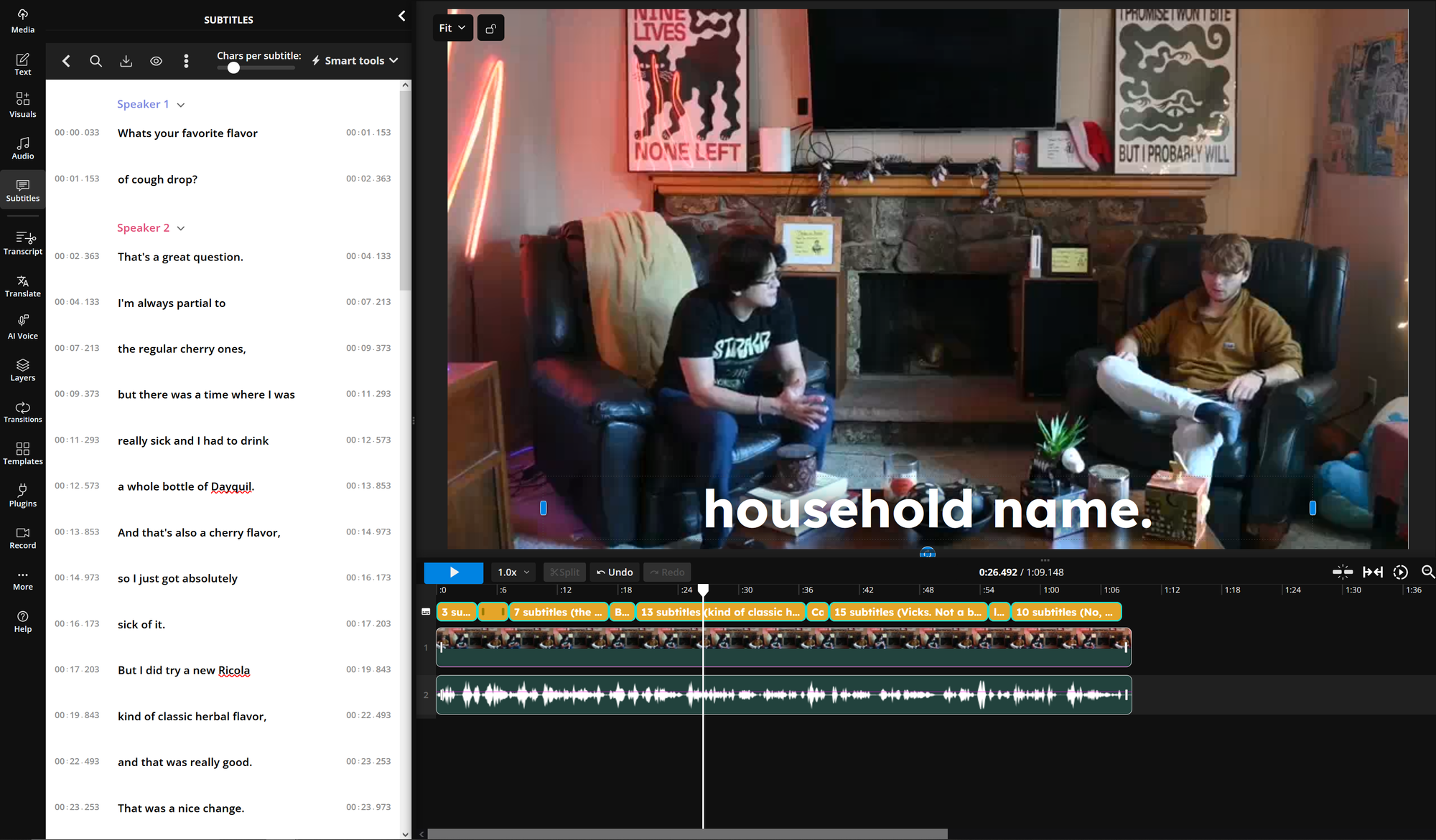 Example video editor interface featuring automatic video captions with speaker diarization. 