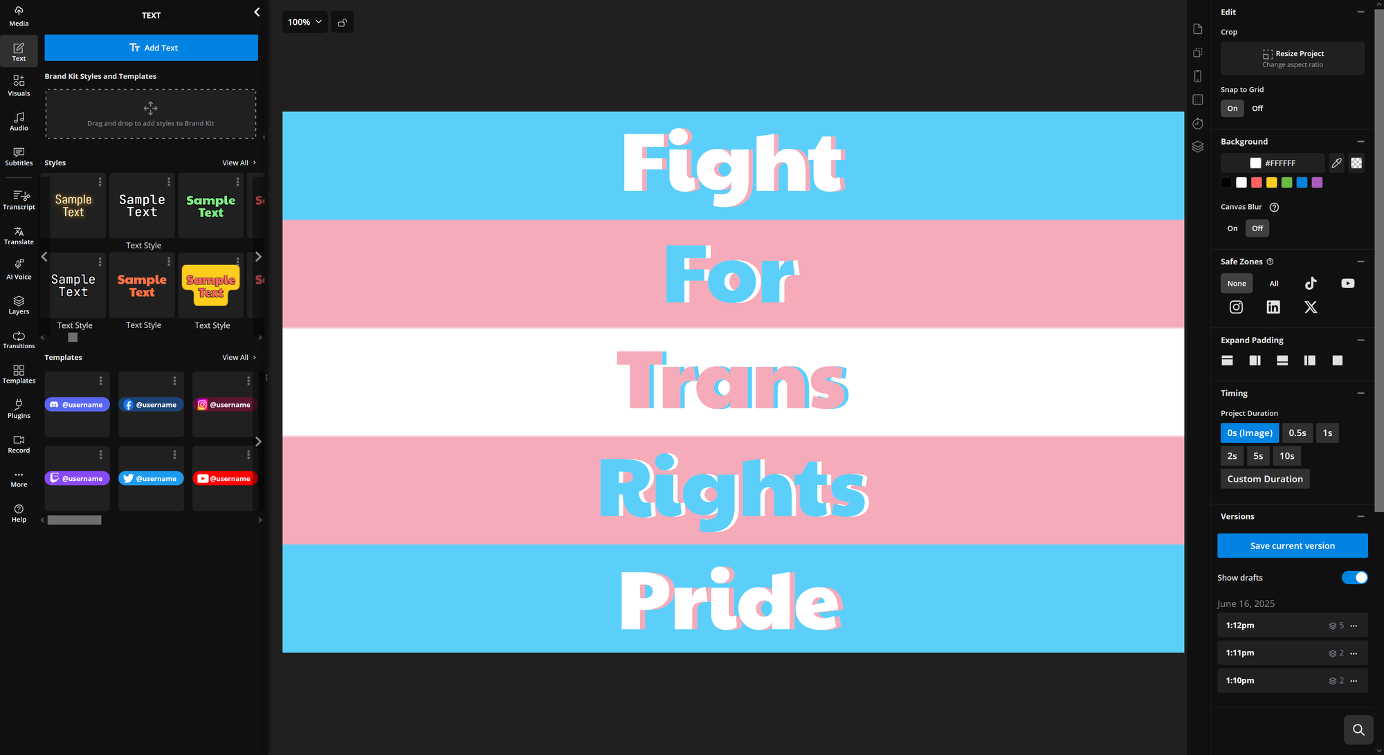 Example image editor showing an example pride flag with custom designed text. 