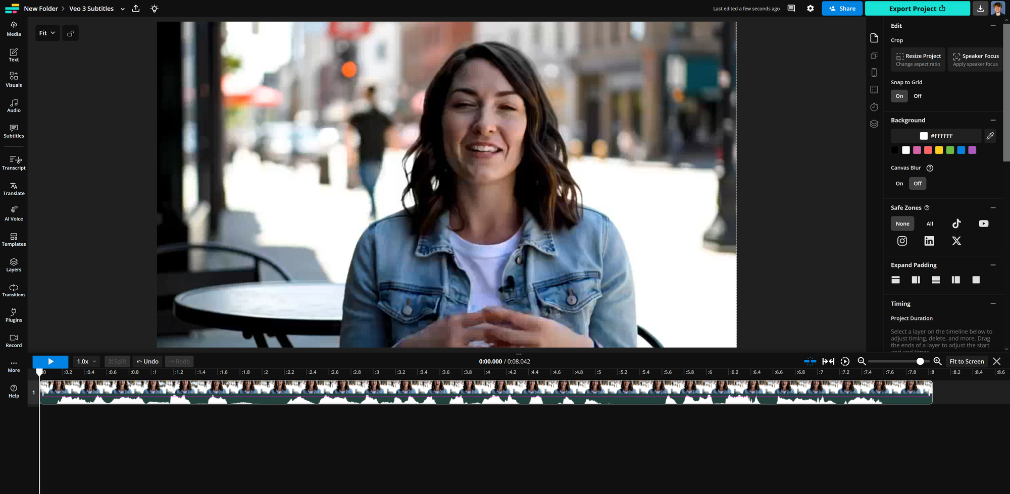 Video editor interface with a Gemini Veo 3 video ready for adding accurate subtitles. 