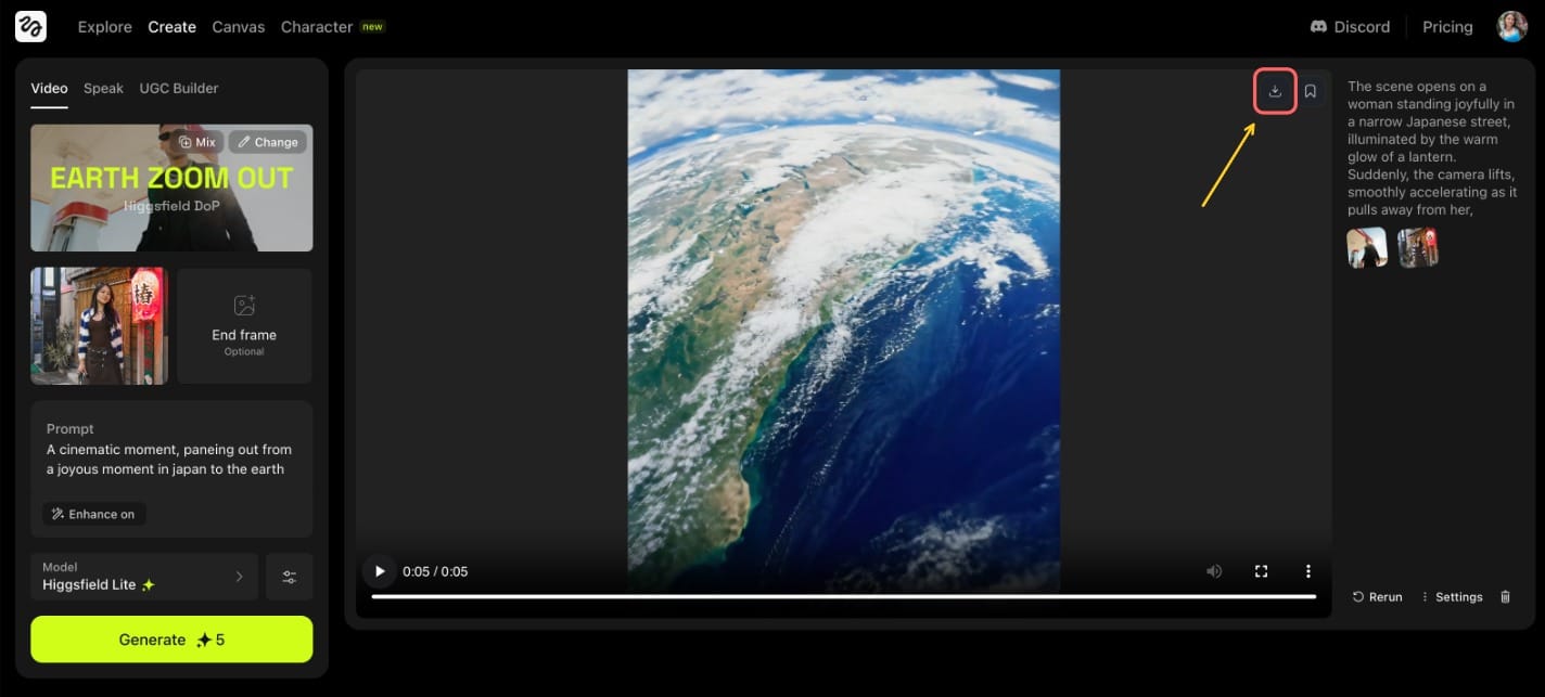 A screenshot showing the Higgsfield video generation screen with a circle around the download icon